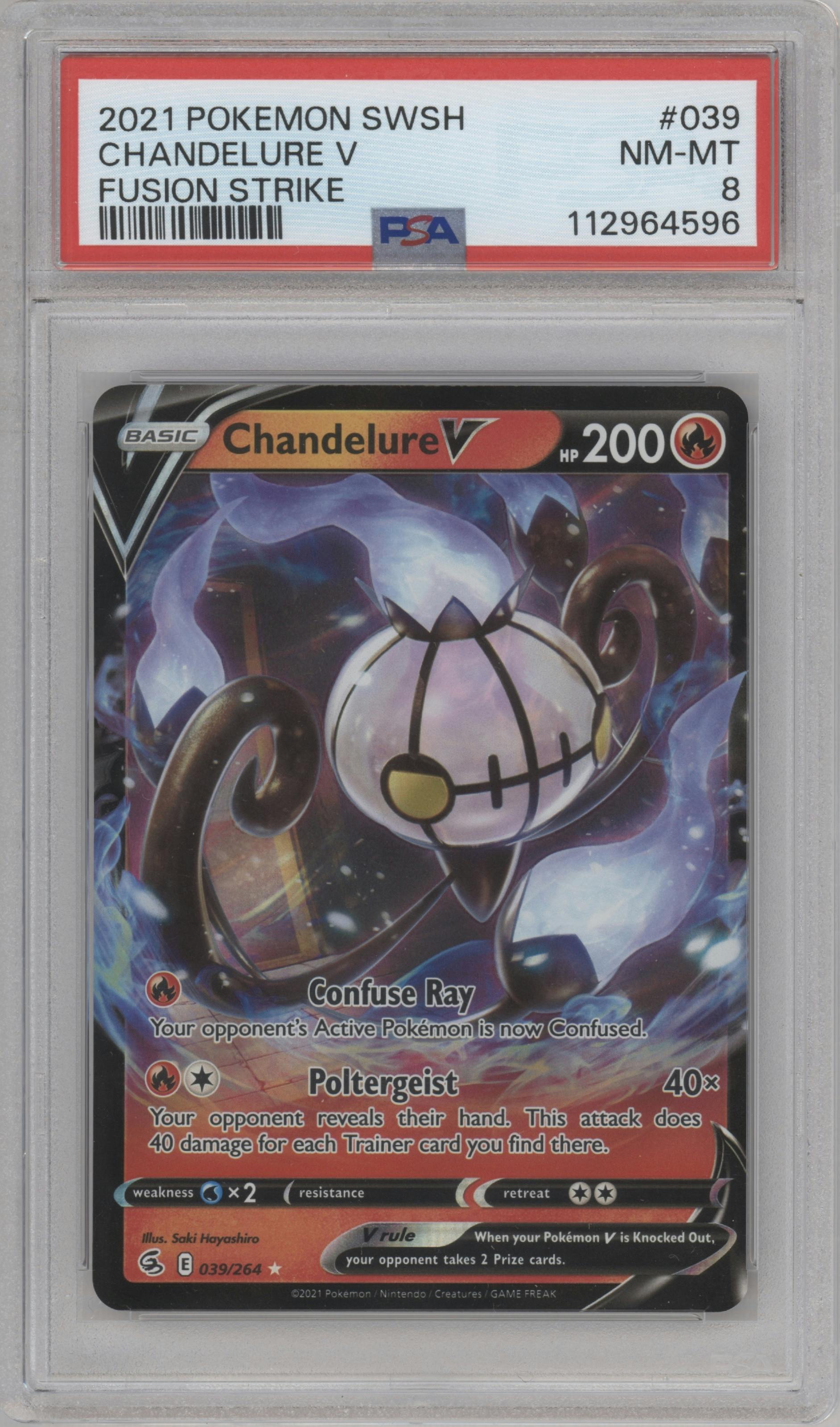 Chandelure V from the 2021 Pokemon SWSH set graded by PSA and given an overall grade of 8.