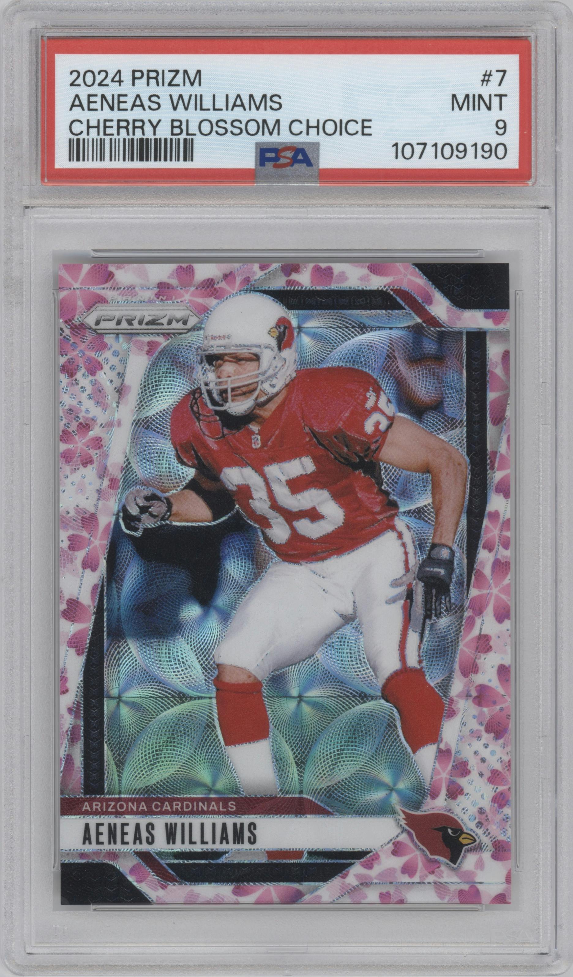 Aeneas Williams from the 2024 Panini Prizm set featuring a Choice Cherry Blossom Prizm parallel graded by PSA and given an overall grade of 9.