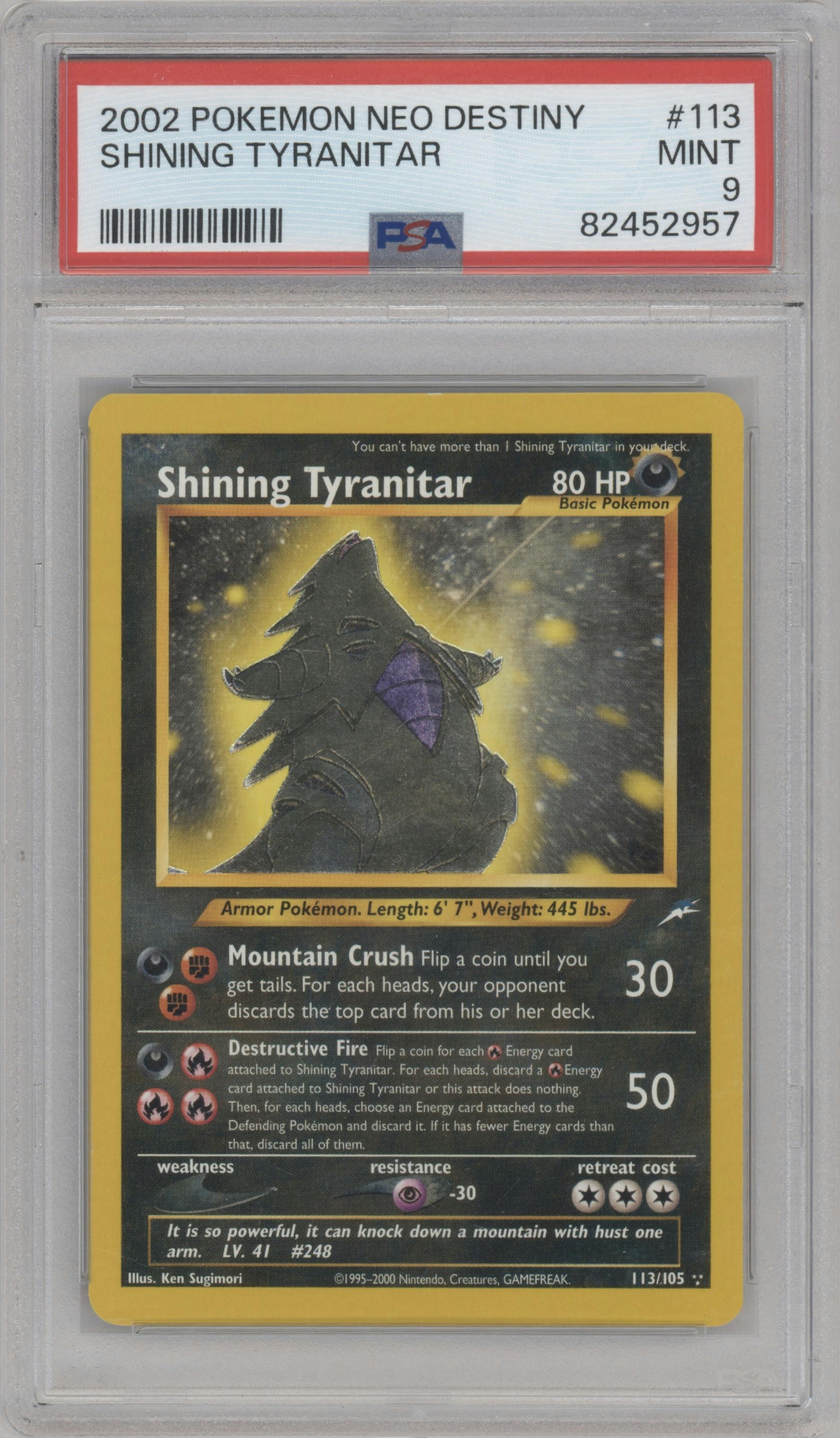Shining Tyranitar from the 2002 Pokemon Neo Genesis set graded by PSA and given an overall grade of 9.