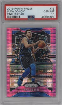 Luka Doncic from the 2019-20 Panini Prizm set featuring a Pink Pulsar  parallel graded by PSA and given an overall grade of 10.