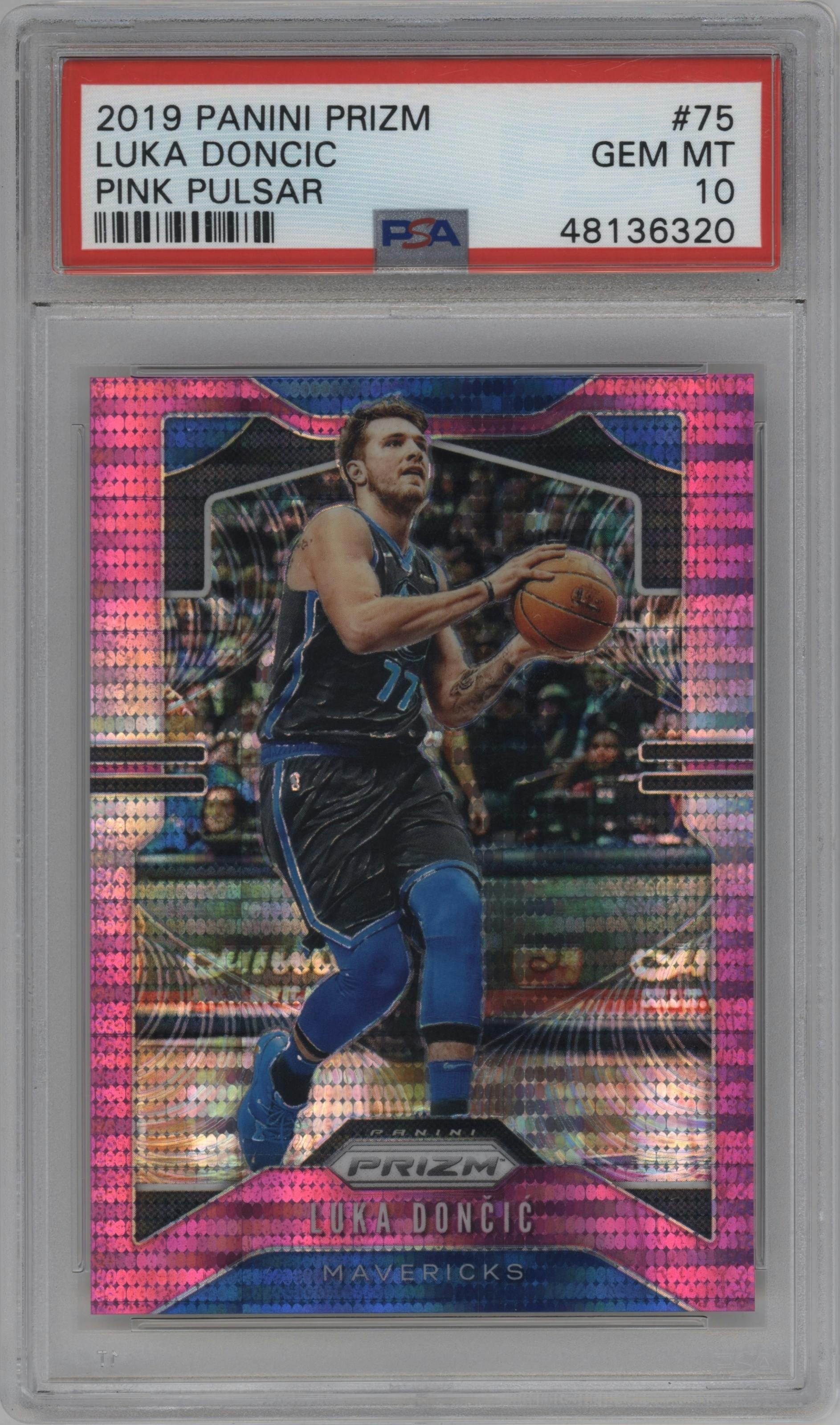 Luka Doncic from the 2019-20 Panini Prizm set featuring a Pink Pulsar  parallel graded by PSA and given an overall grade of 10.