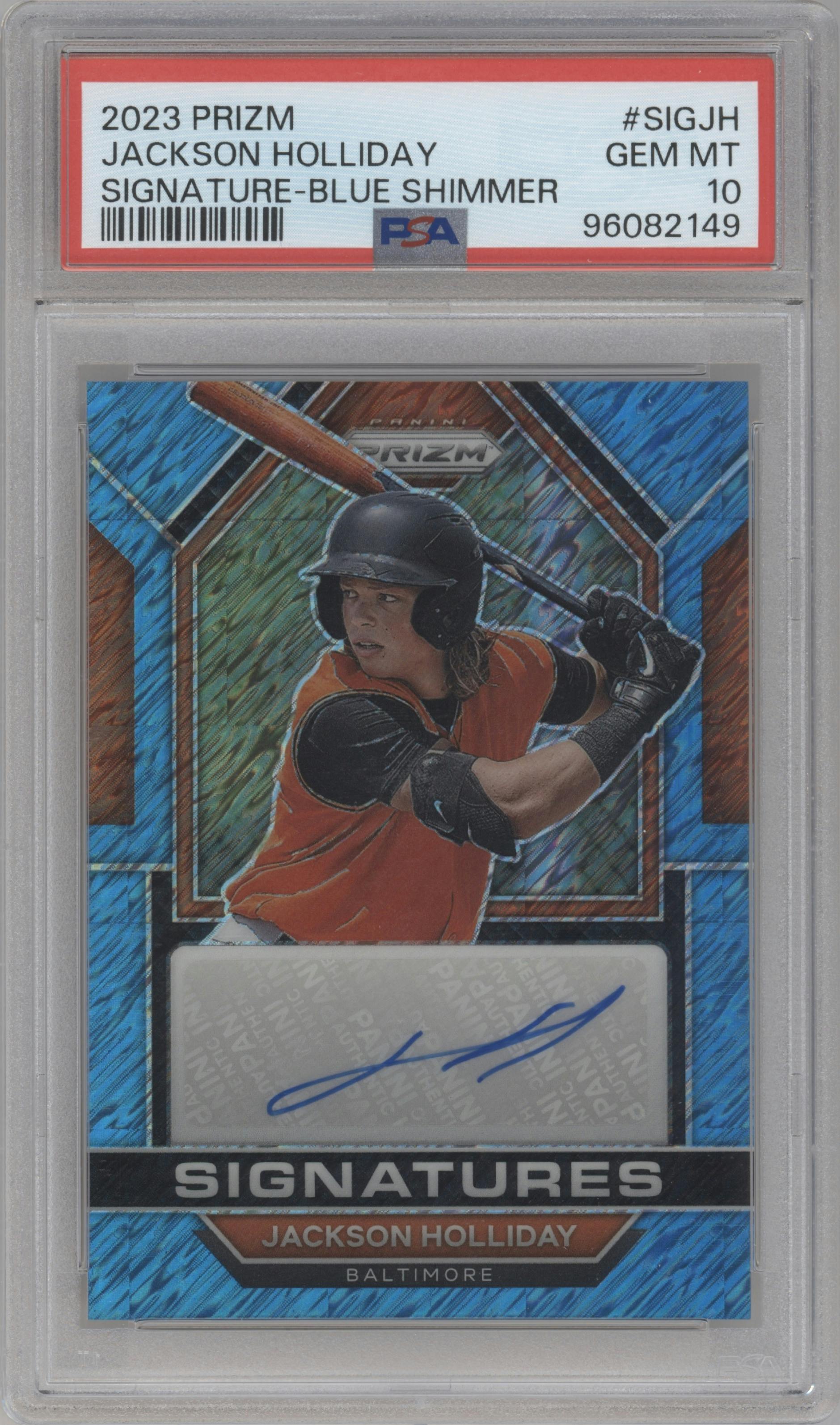 Jackson Holliday from the 2023 Panini Prizm set featuring a Blue Shimmer parallel graded by PSA and given an overall grade of 10.