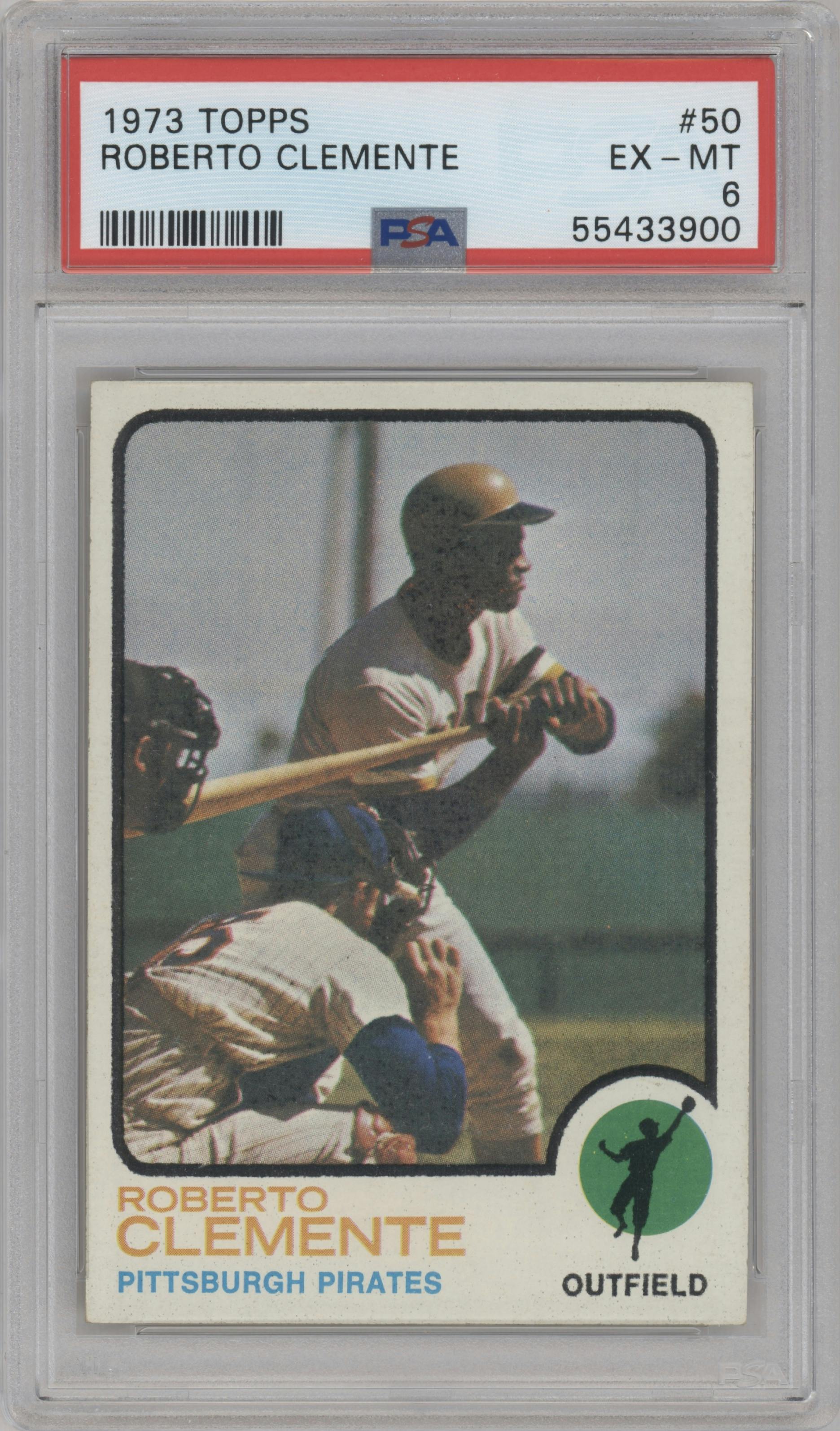 Roberto Clemente from the 1973 Topps set graded by PSA and given an overall grade of 6.