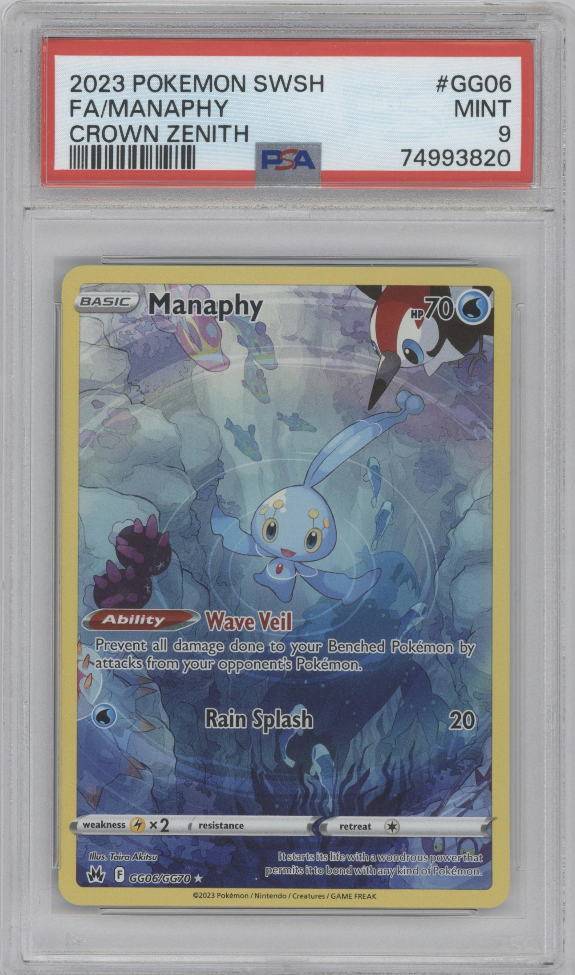 Manaphy from the 2023 Pokemon SWSH set graded by PSA and given an overall grade of 9.