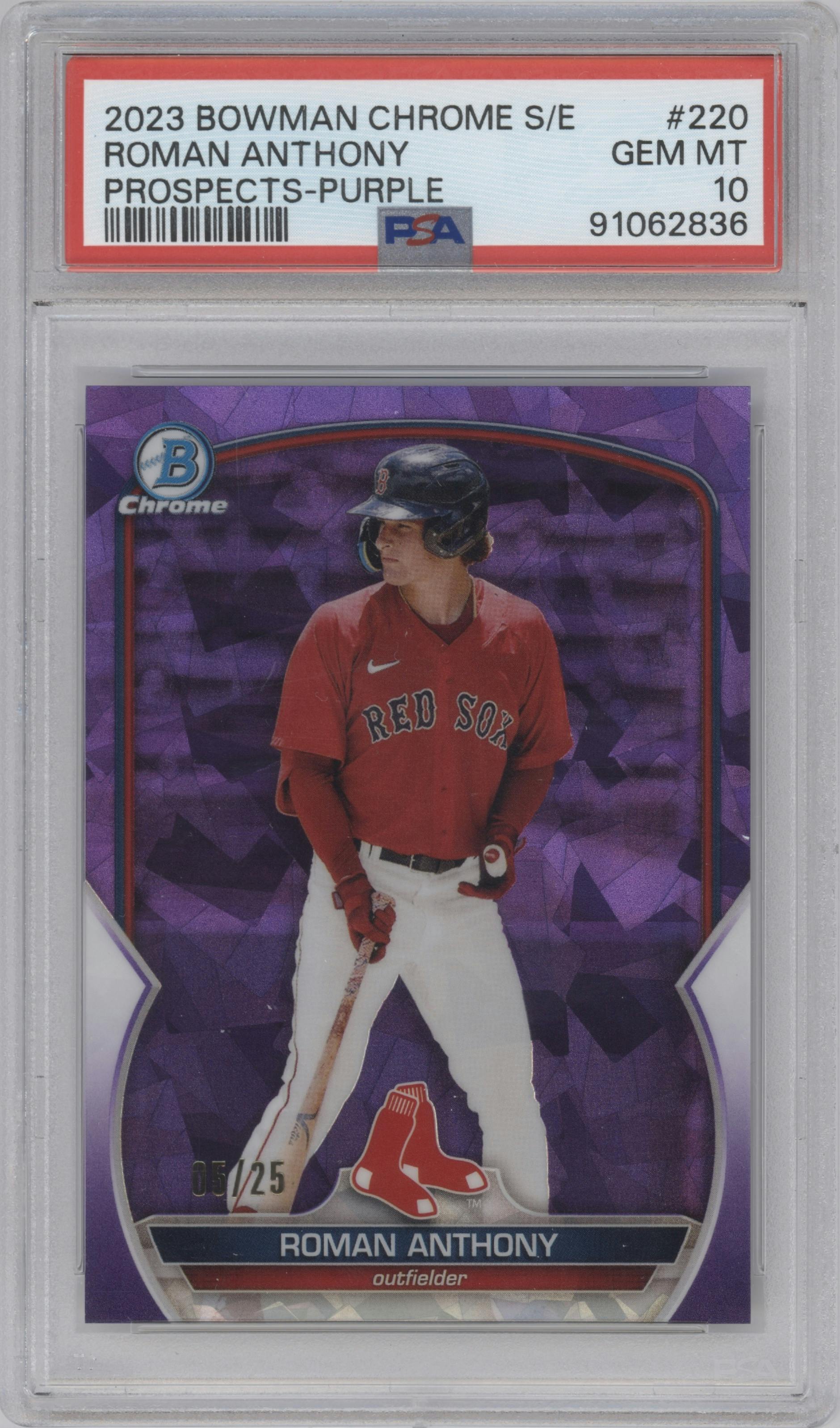 Roman Anthony from the 2023 Bowman Chrome Sapphire Edition set featuring a Purple parallel graded by PSA and given an overall grade of 10.