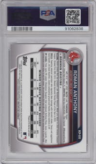 Roman Anthony from the 2023 Bowman Chrome Sapphire Edition set featuring a Purple parallel graded by PSA and given an overall grade of 10.