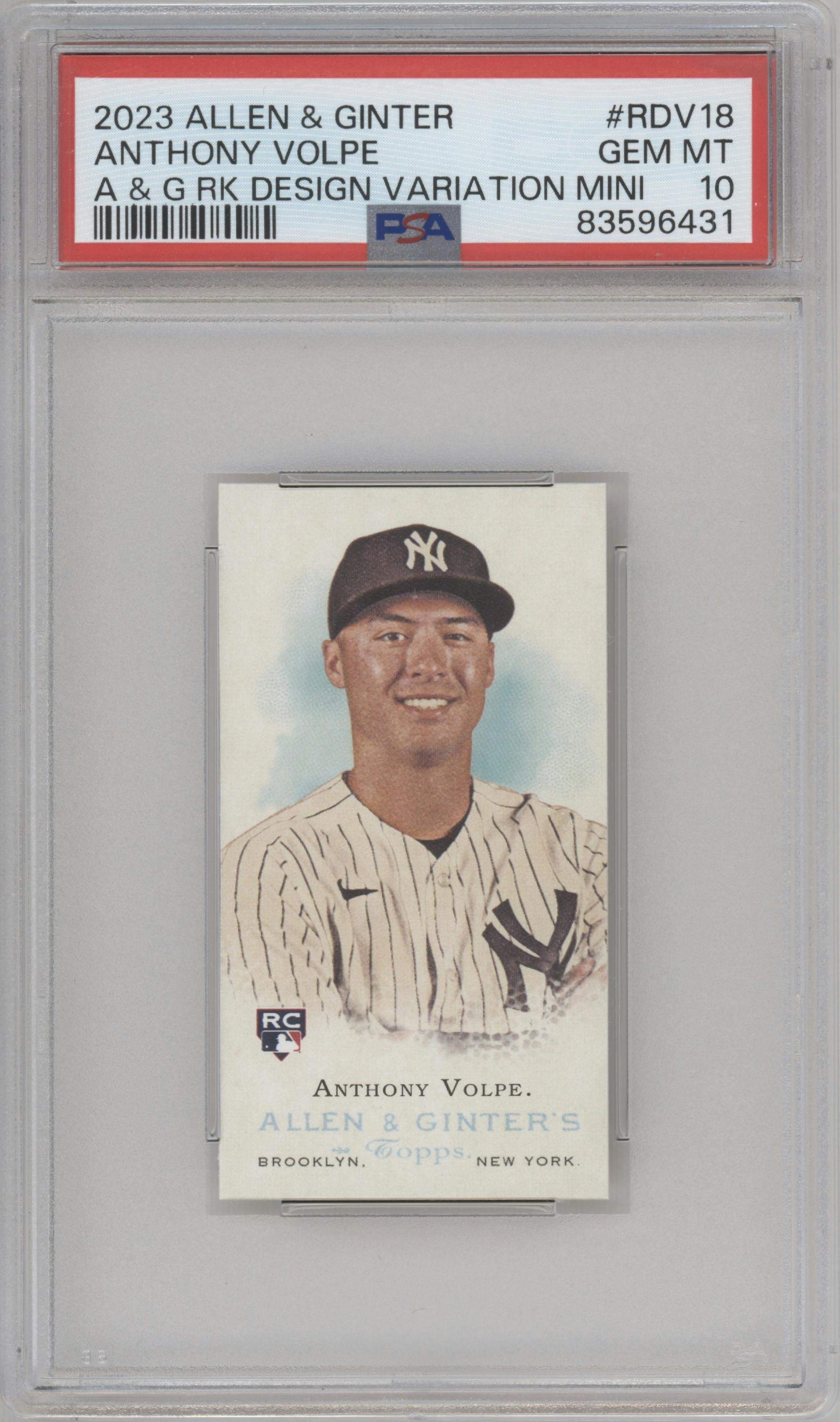Anthony Volpe from the 2023 Topps Allen & Ginter set graded by PSA and given an overall grade of 10.