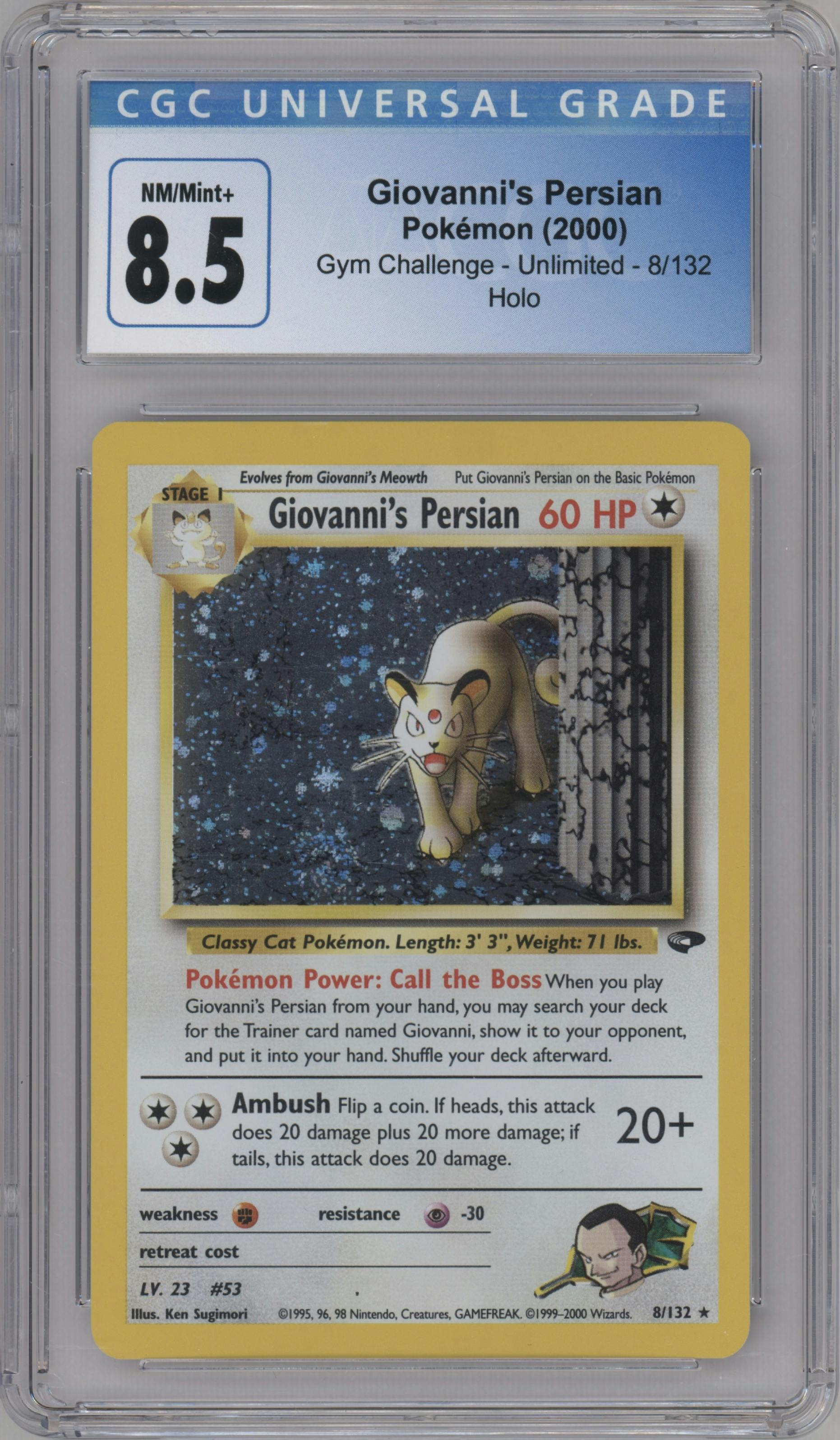 Giovanni's Persian from the 2000 Pokemon GH set graded by CSG and given an overall grade of 8.5.