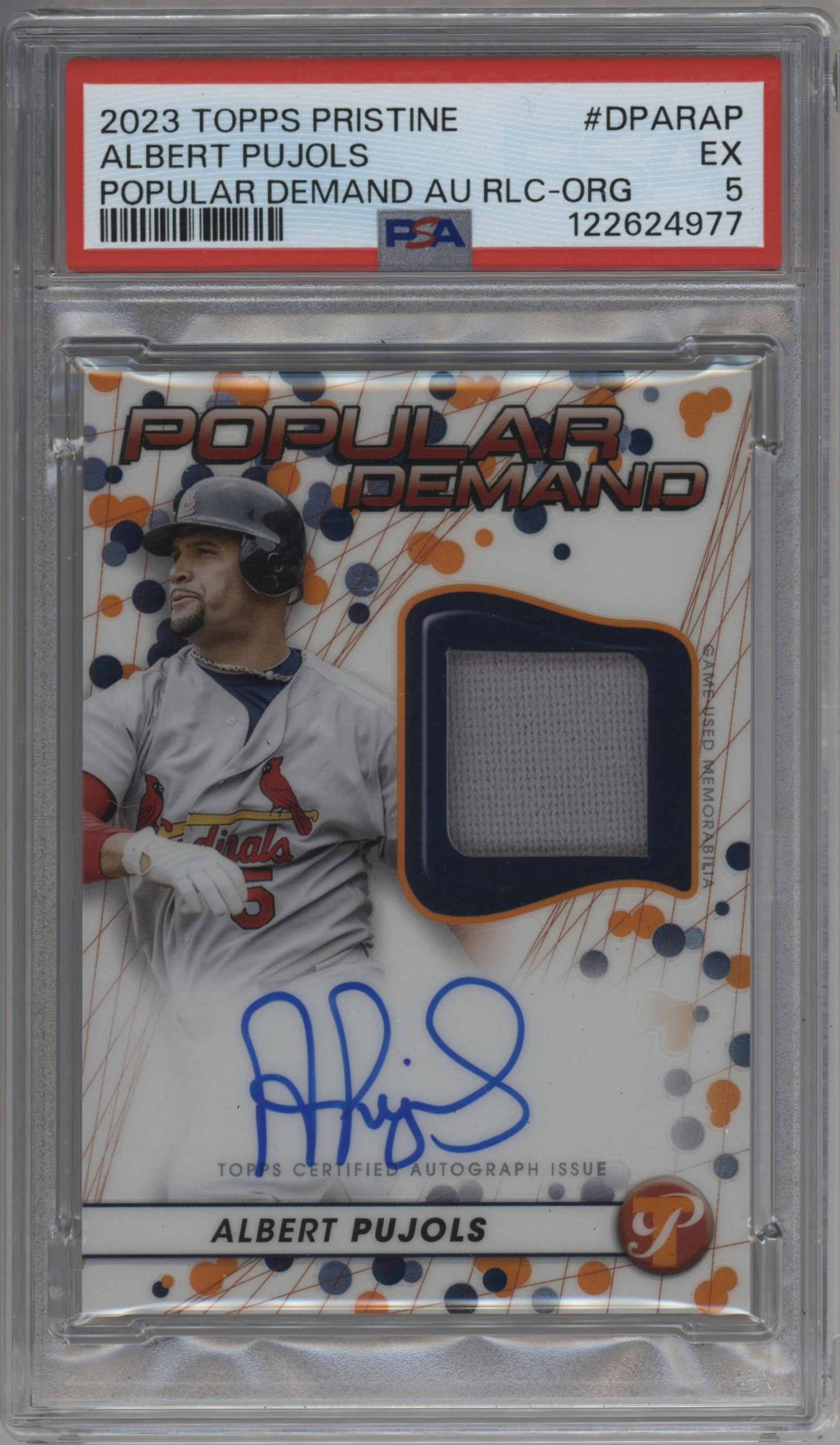 Albert Pujols from the 2023 Topps Pristine set featuring a Orange parallel graded by PSA and given an overall grade of 5.