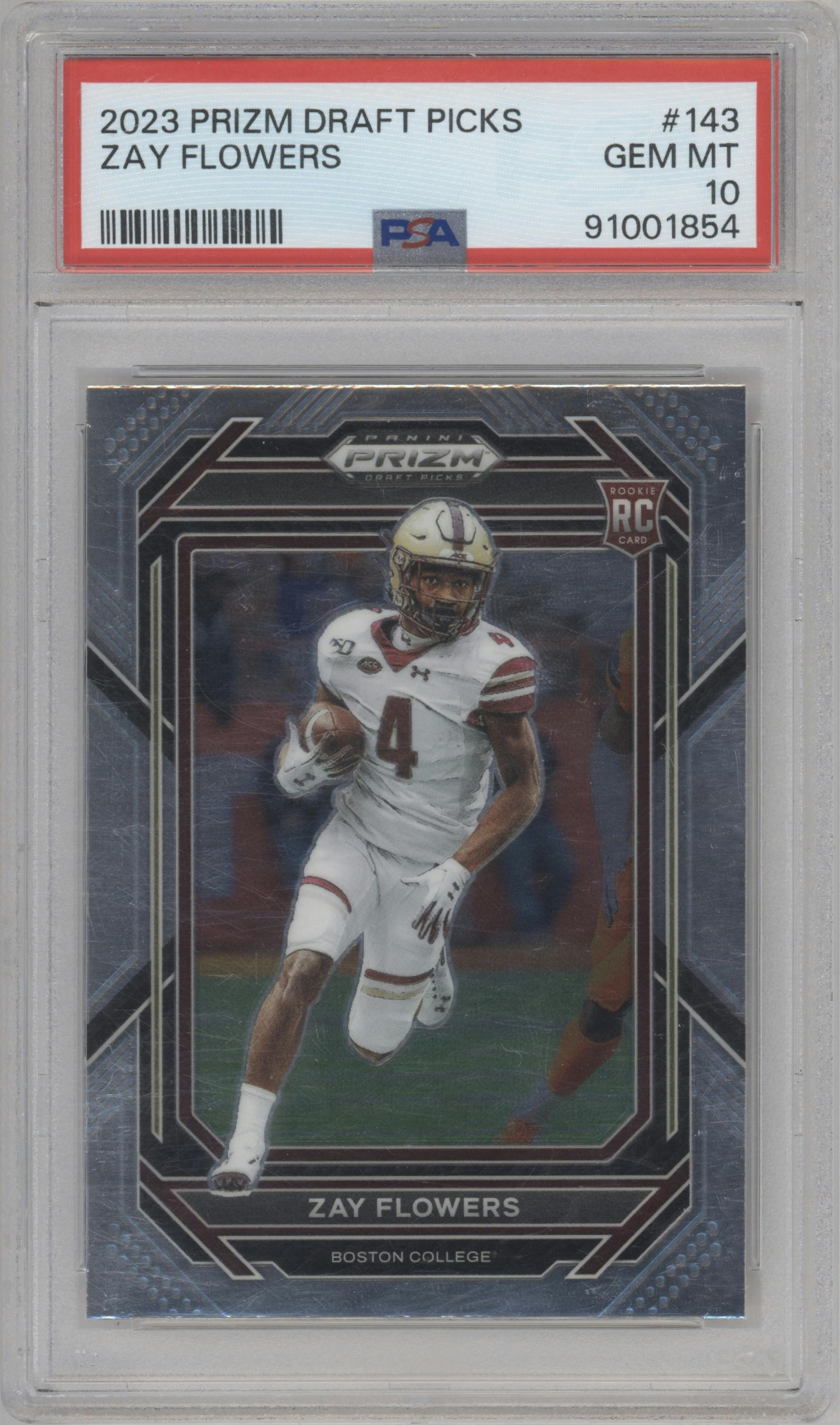 Zay Flowers from the 2023 Panini Prizm Draft Picks set graded by PSA and given an overall grade of 10.