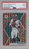 Jalen Hurts from the 2020 Panini Mosaic set featuring a Reactive Green parallel graded by PSA and given an overall grade of 9.