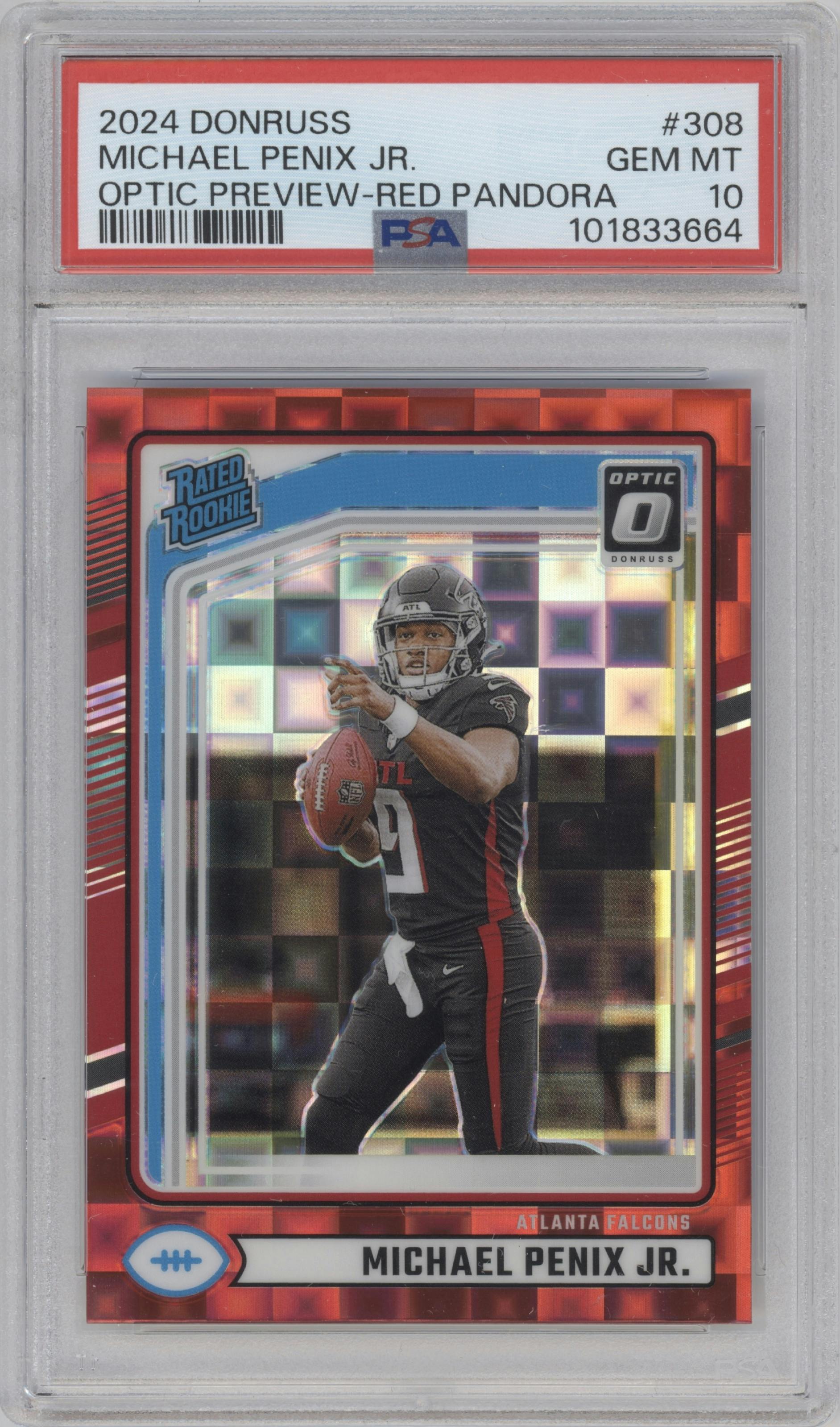 Michael Penix Jr.  from the 2024 Donruss set featuring a Red Pandora parallel graded by PSA and given an overall grade of 10.