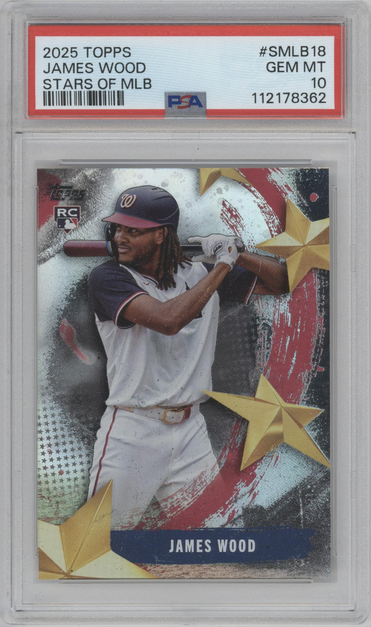 James Wood from the 2025 Topps set graded by PSA and given an overall grade of 10.