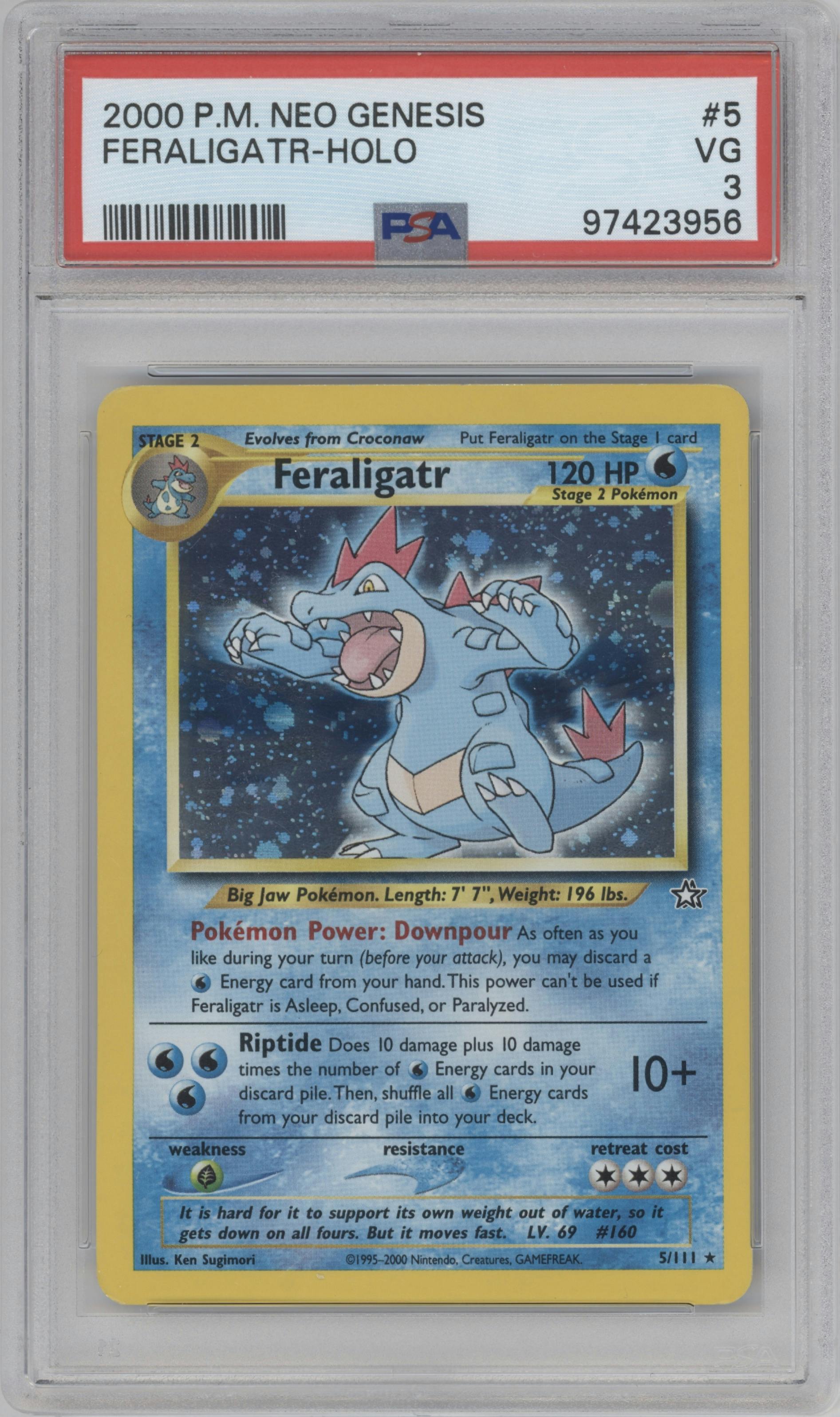 Feraligatr from the 2000 Pokemon Neo Genesis set graded by PSA and given an overall grade of 3.