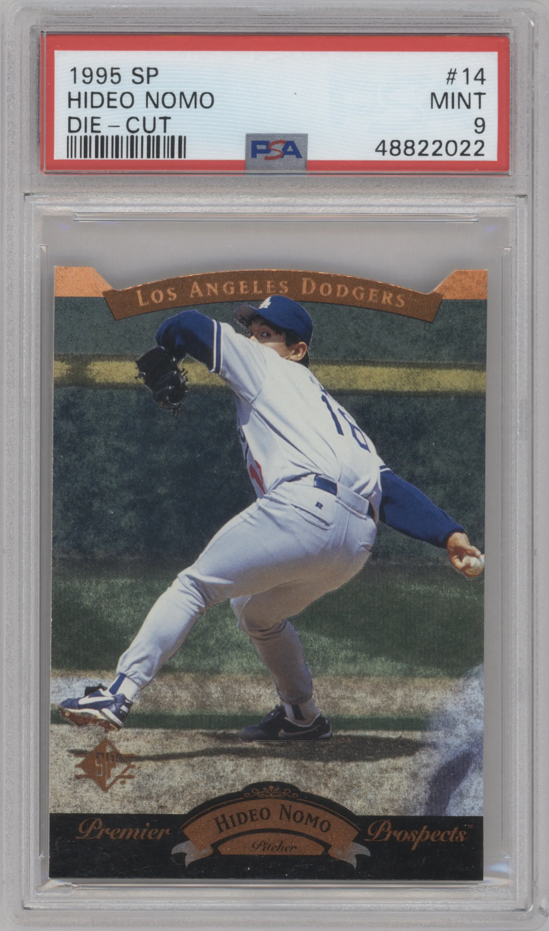 Hideo Nomo from the 1995 Upper Deck SP set graded by PSA and given an overall grade of 9.