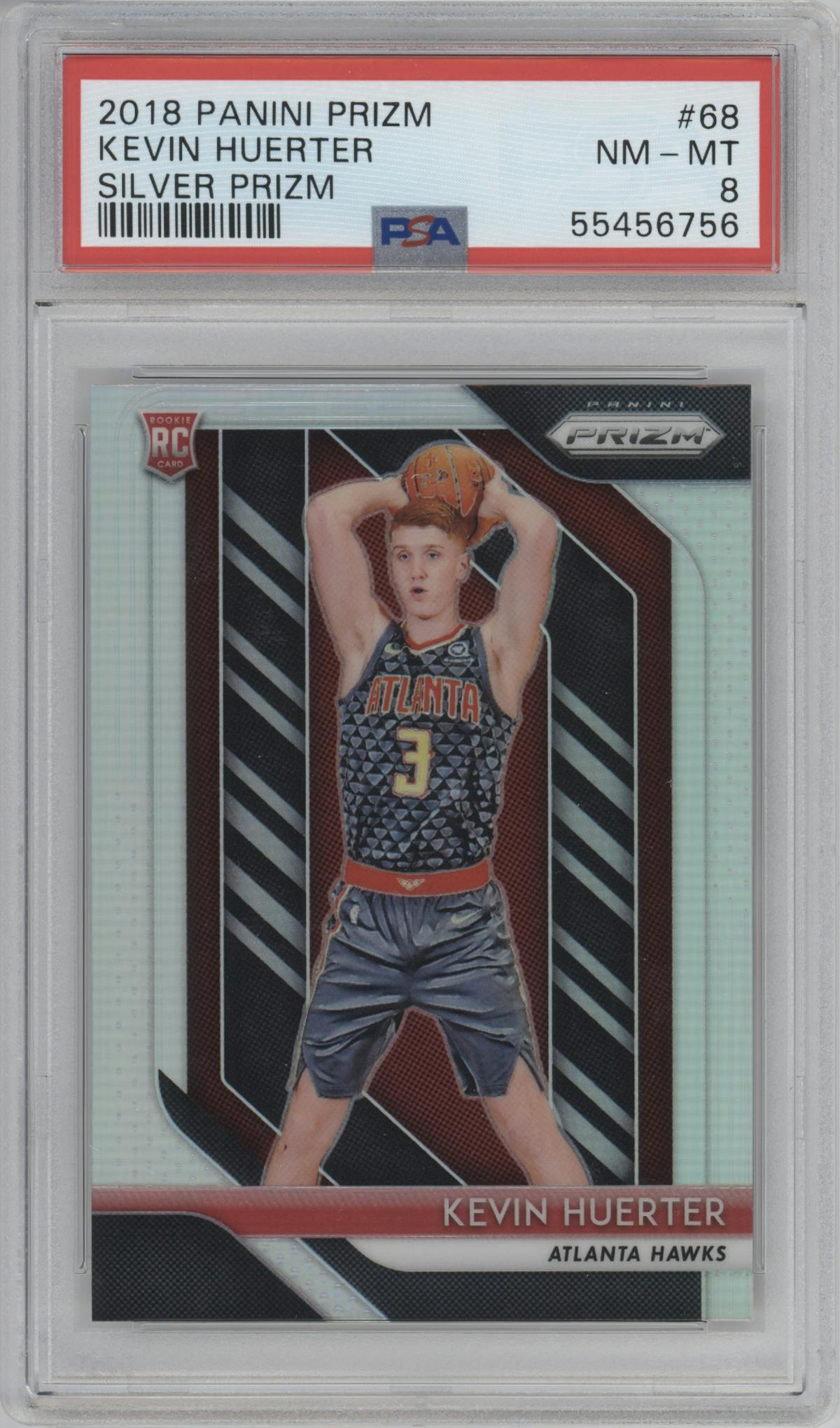Kevin Huerter from the 2018-19 Panini Prizm set featuring a Silver Prizm parallel graded by PSA and given an overall grade of 8.