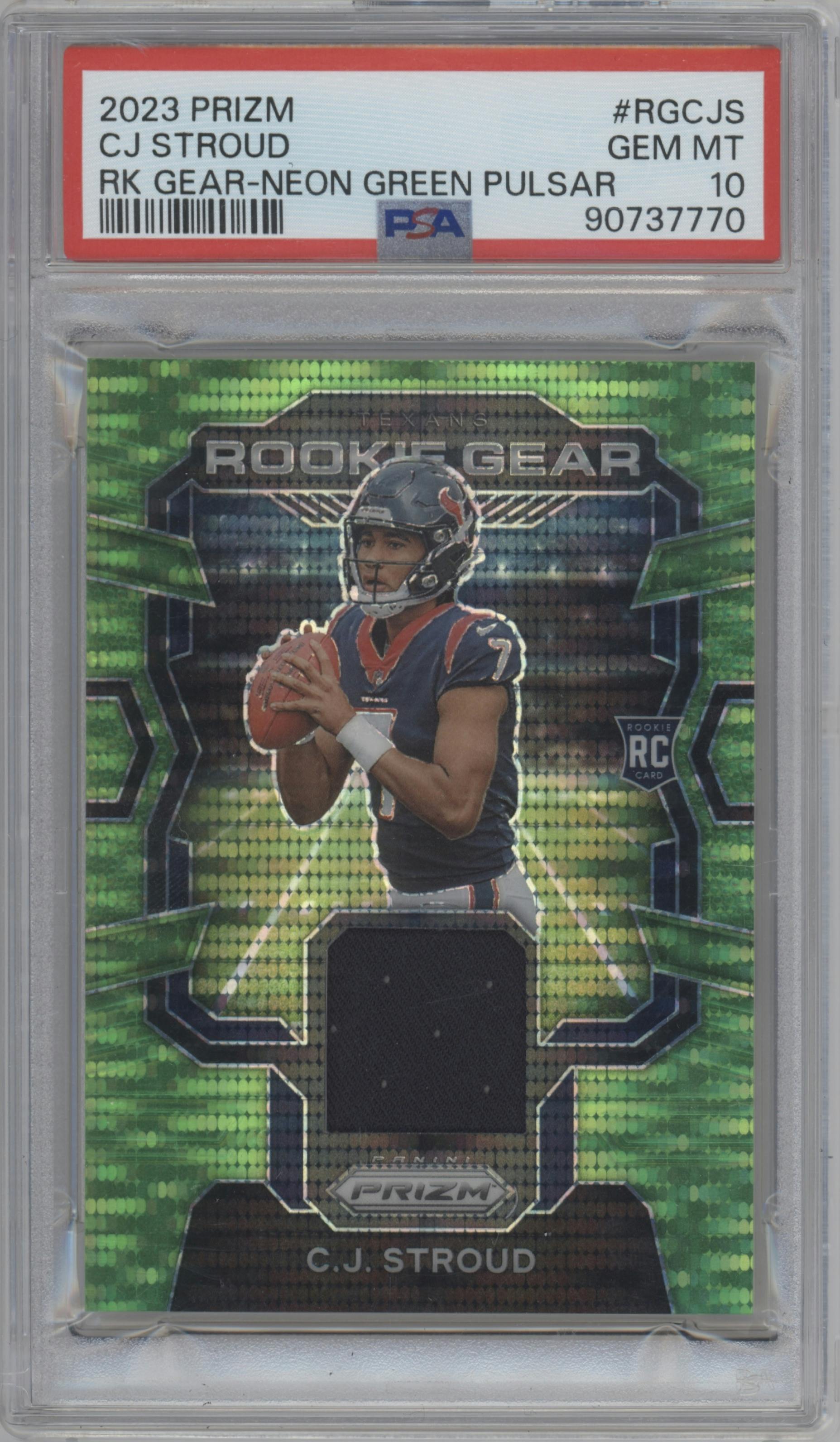 C.J. Stroud from the 2023 Panini Prizm set featuring a Neon Green Pulsar parallel graded by PSA and given an overall grade of 10.