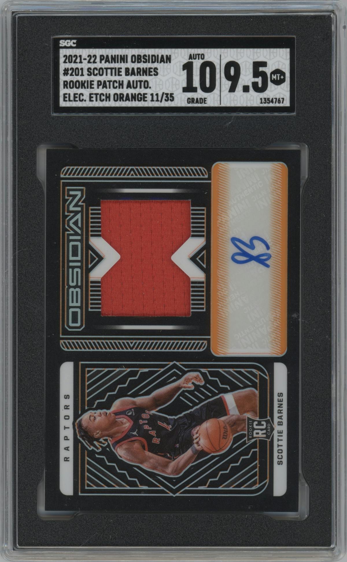 Scottie Barnes from the 2021-22 Panini Obsidian set featuring a Electric Etch Orange parallel graded by SGC and given an overall grade of 9.5.