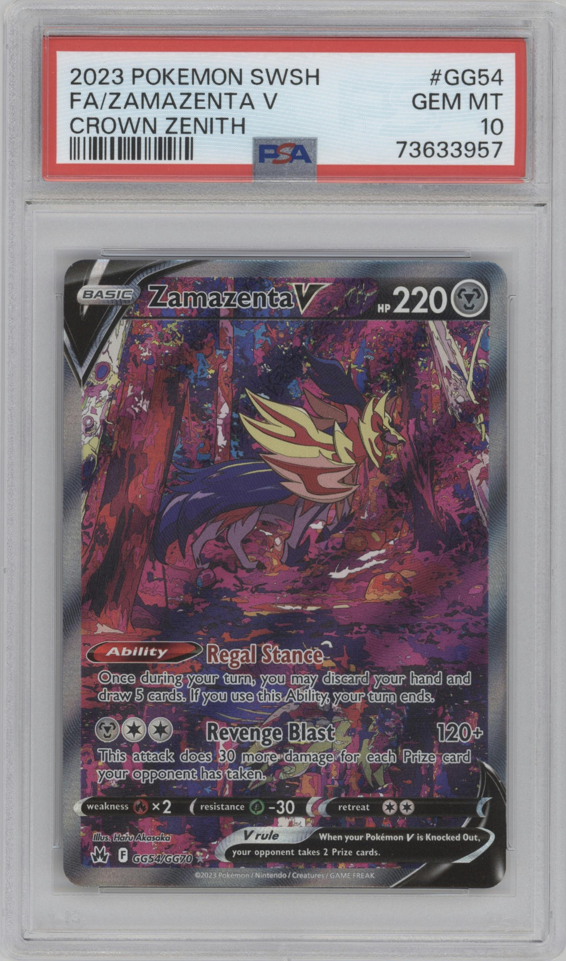 Zamazenta V from the 2023 Pokemon SWSH set graded by PSA and given an overall grade of 10.
