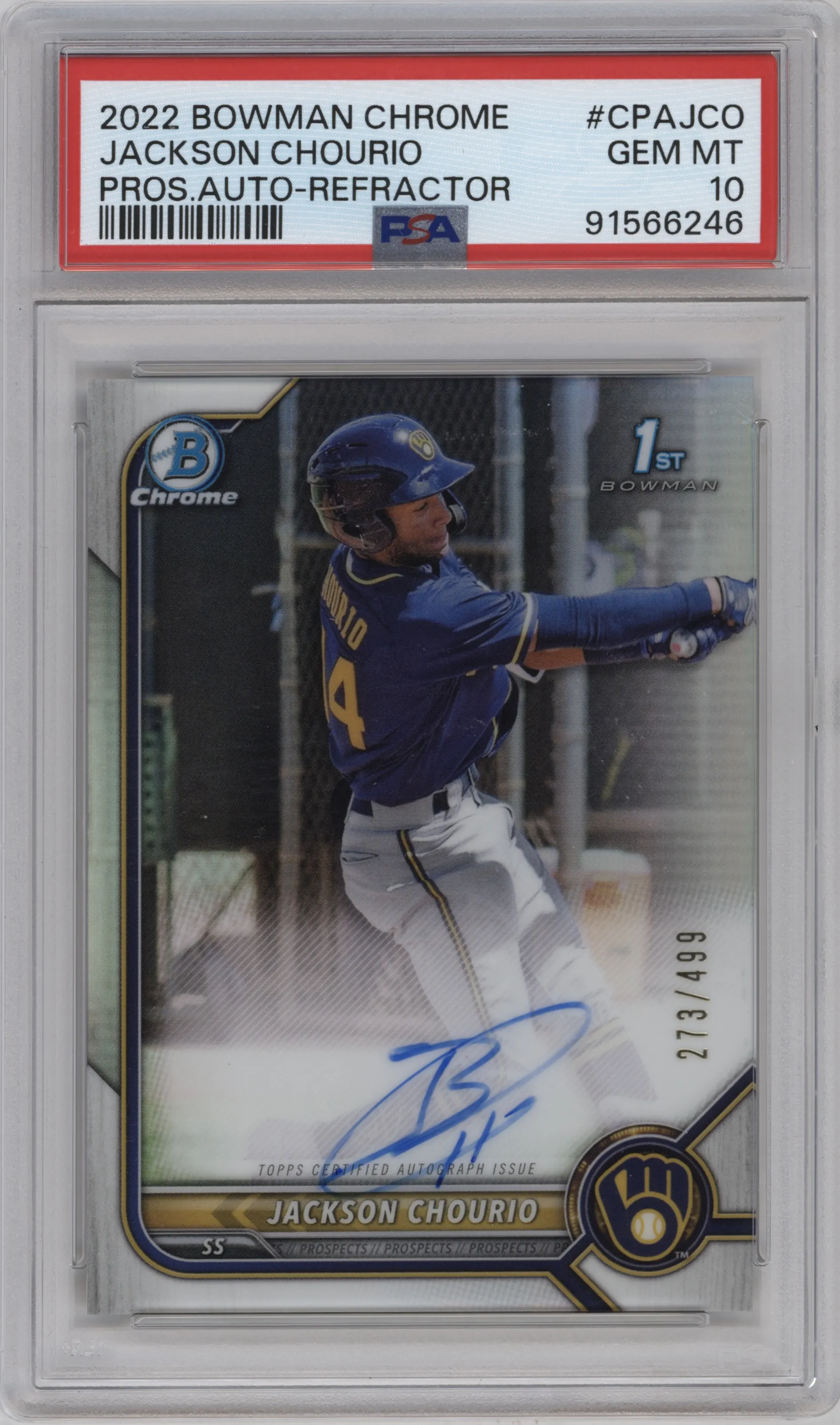 2022 Bowman Chrome Pros.Auto Jackson Chourio Refractor #CPA-JCO PSA 10