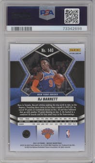 RJ Barrett from the 2021-22 Panini Mosaic  set featuring a Genesis parallel graded by PSA and given an overall grade of 10.