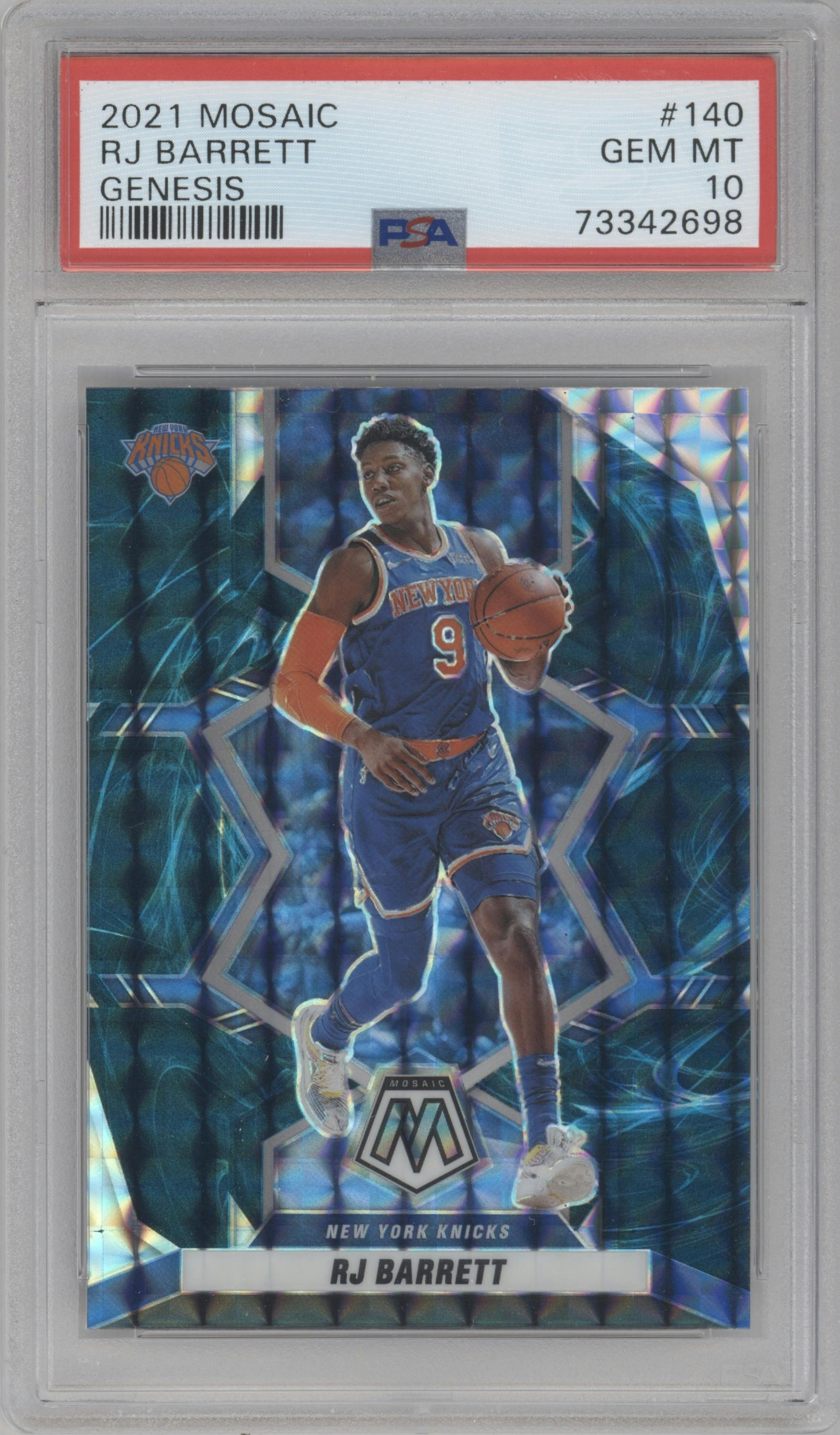 RJ Barrett from the 2021-22 Panini Mosaic  set featuring a Genesis parallel graded by PSA and given an overall grade of 10.