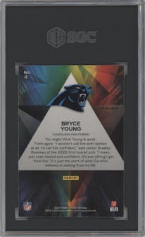 Bryce Young from the 2023 Panini Prizm set featuring a Green Wave parallel graded by SGC and given an overall grade of 9.5.
