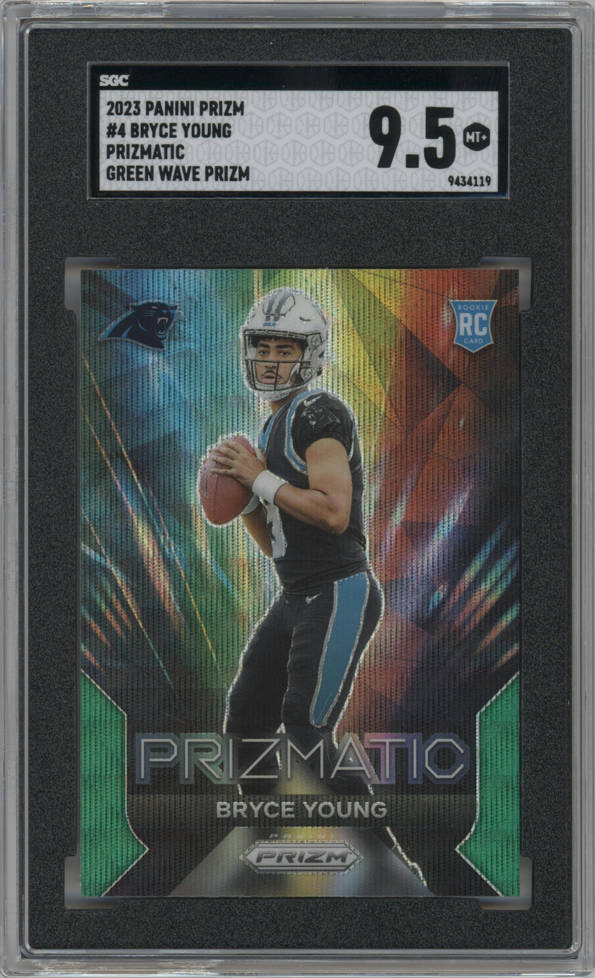 Bryce Young from the 2023 Panini Prizm set featuring a Green Wave parallel graded by SGC and given an overall grade of 9.5.