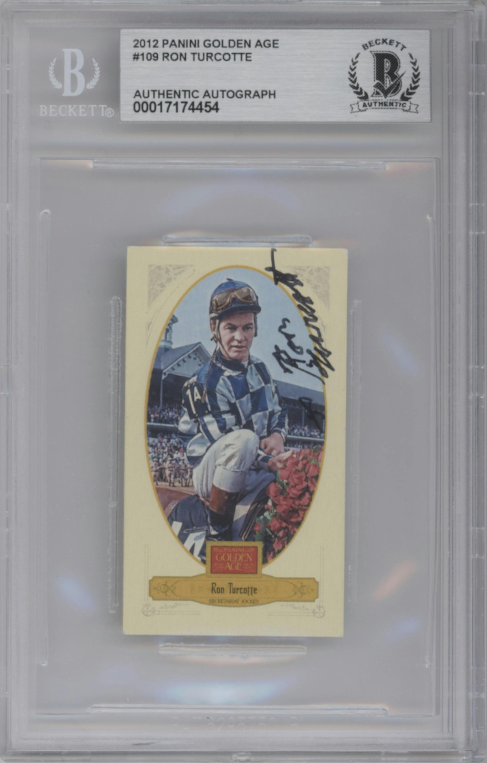 Ron Turcotte from the 2012 Panini Golden Age set featuring a Brown Broadleaf parallel graded by Beckett.