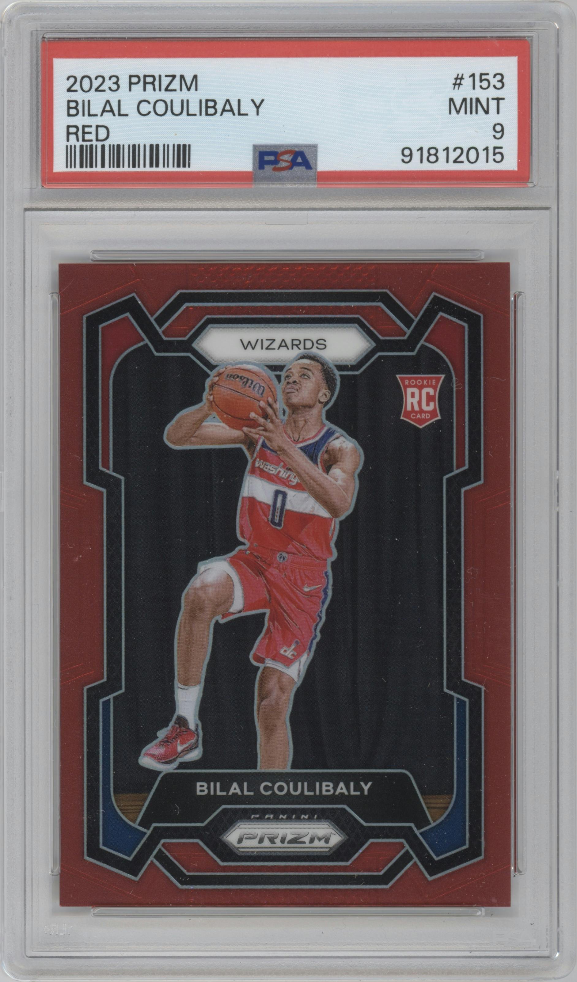 Bilal Coulibaly from the 2023-24 Panini Prizm set featuring a Red Prizm parallel graded by PSA and given an overall grade of 9.
