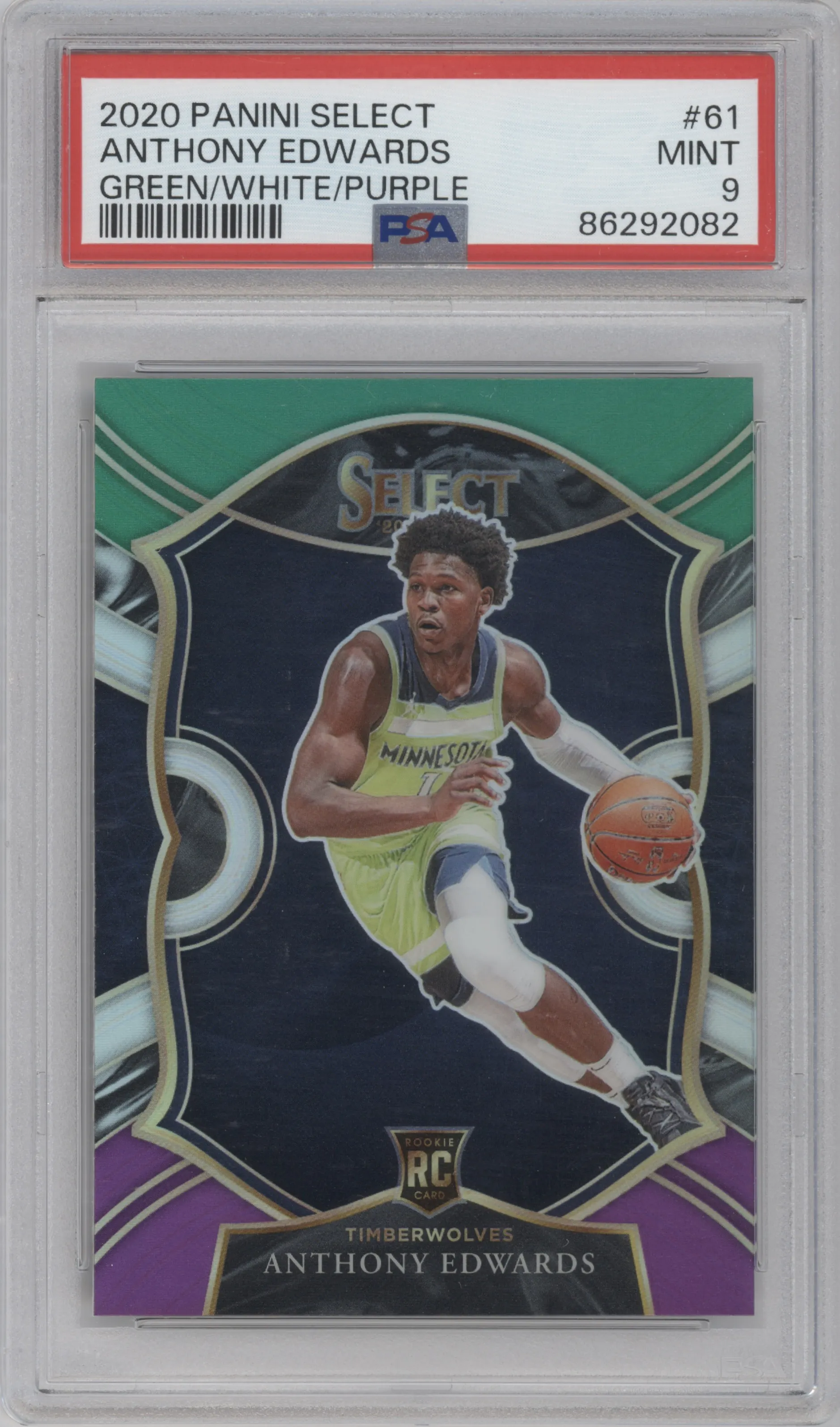 Anthony Edwards from the 2020-21 Panini Select  set featuring a Green/White/Purple Prizm  parallel graded by PSA and given an overall grade of 9.