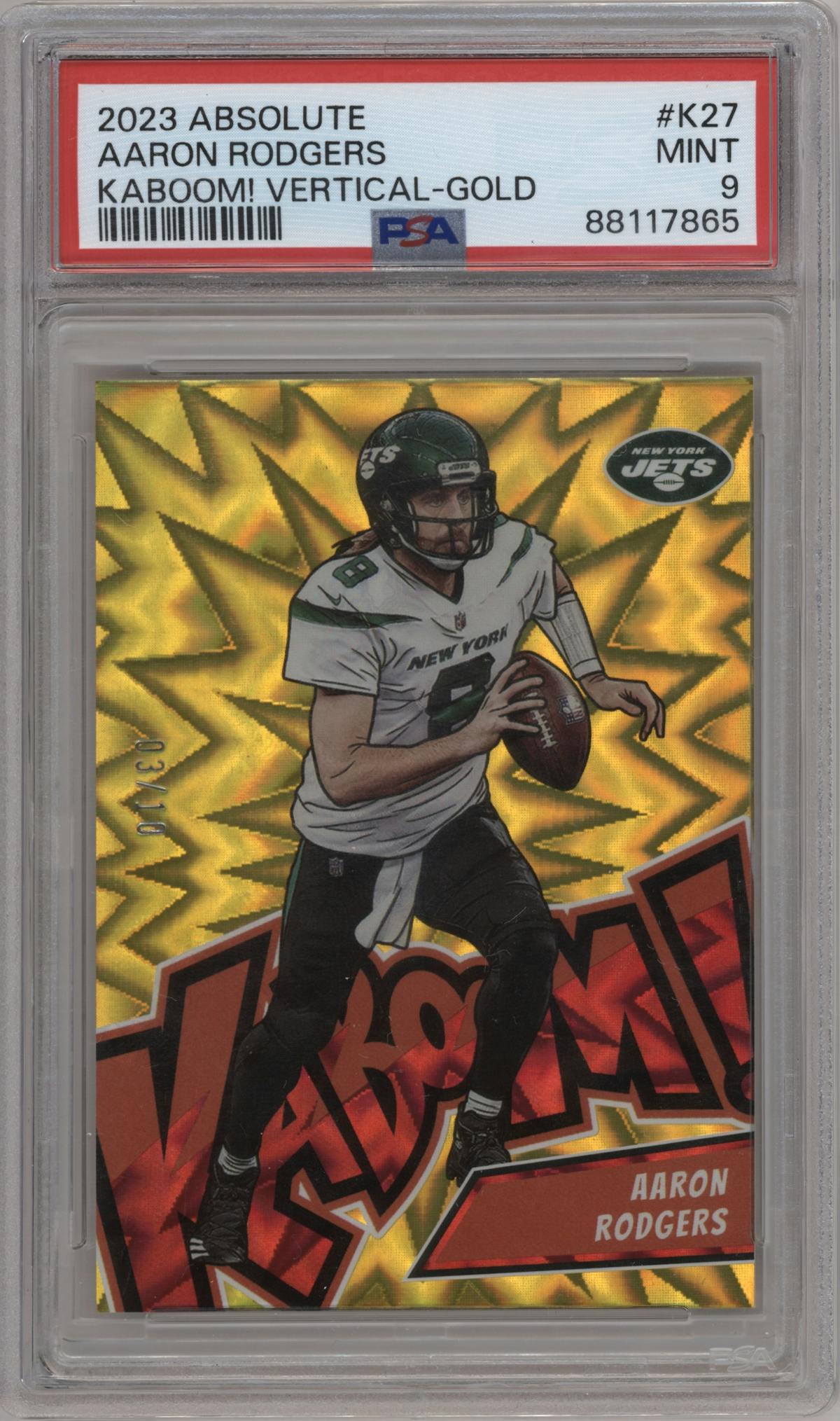 Aaron Rodgers from the 2023 Panini Absolute set featuring a Gold parallel graded by PSA and given an overall grade of 9.