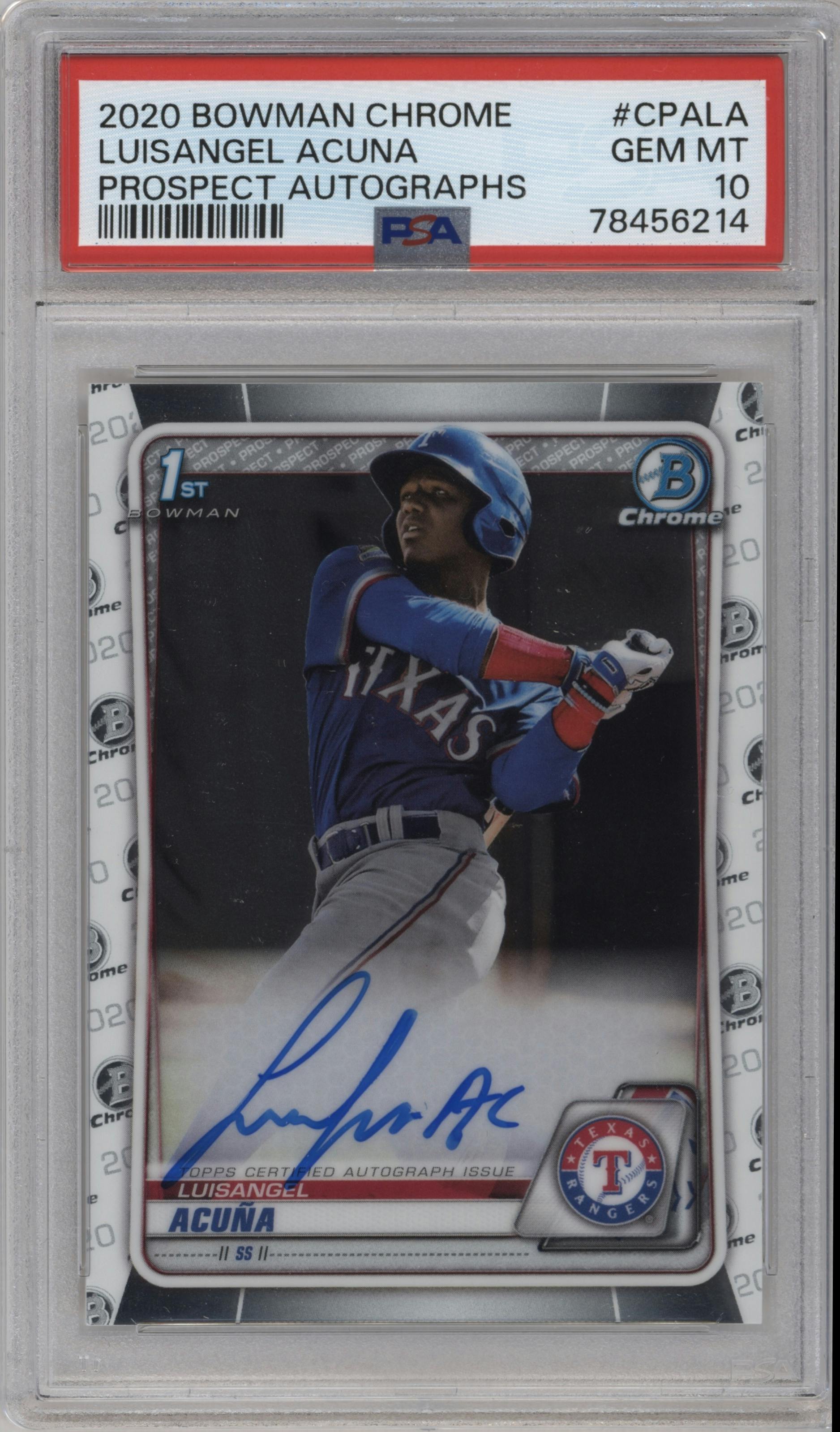 Luisangel Acuna from the 2020 Bowman Chrome set graded by PSA and given an overall grade of 10.