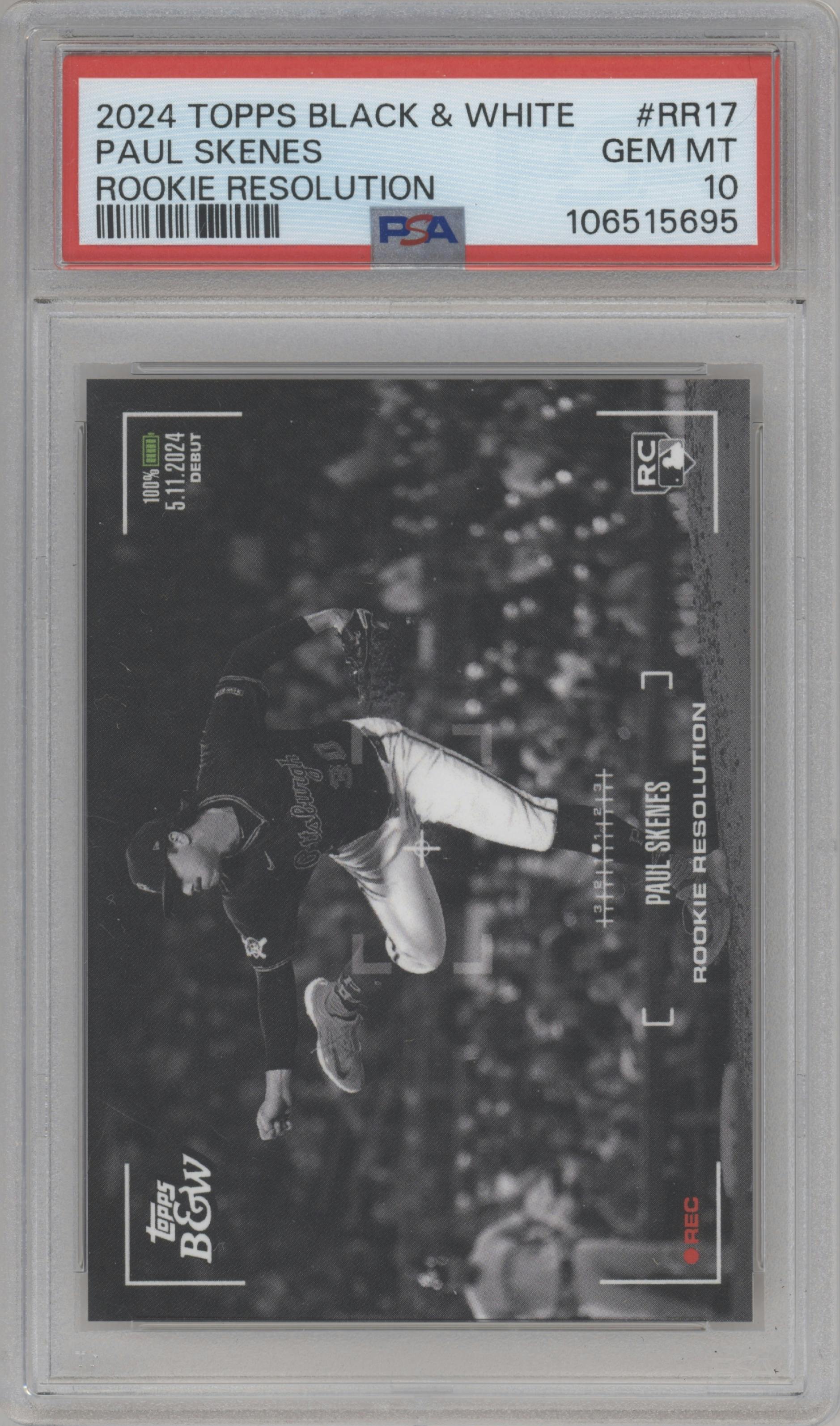 Paul Skenes from the 2024 Topps Black & White set graded by PSA and given an overall grade of 10.