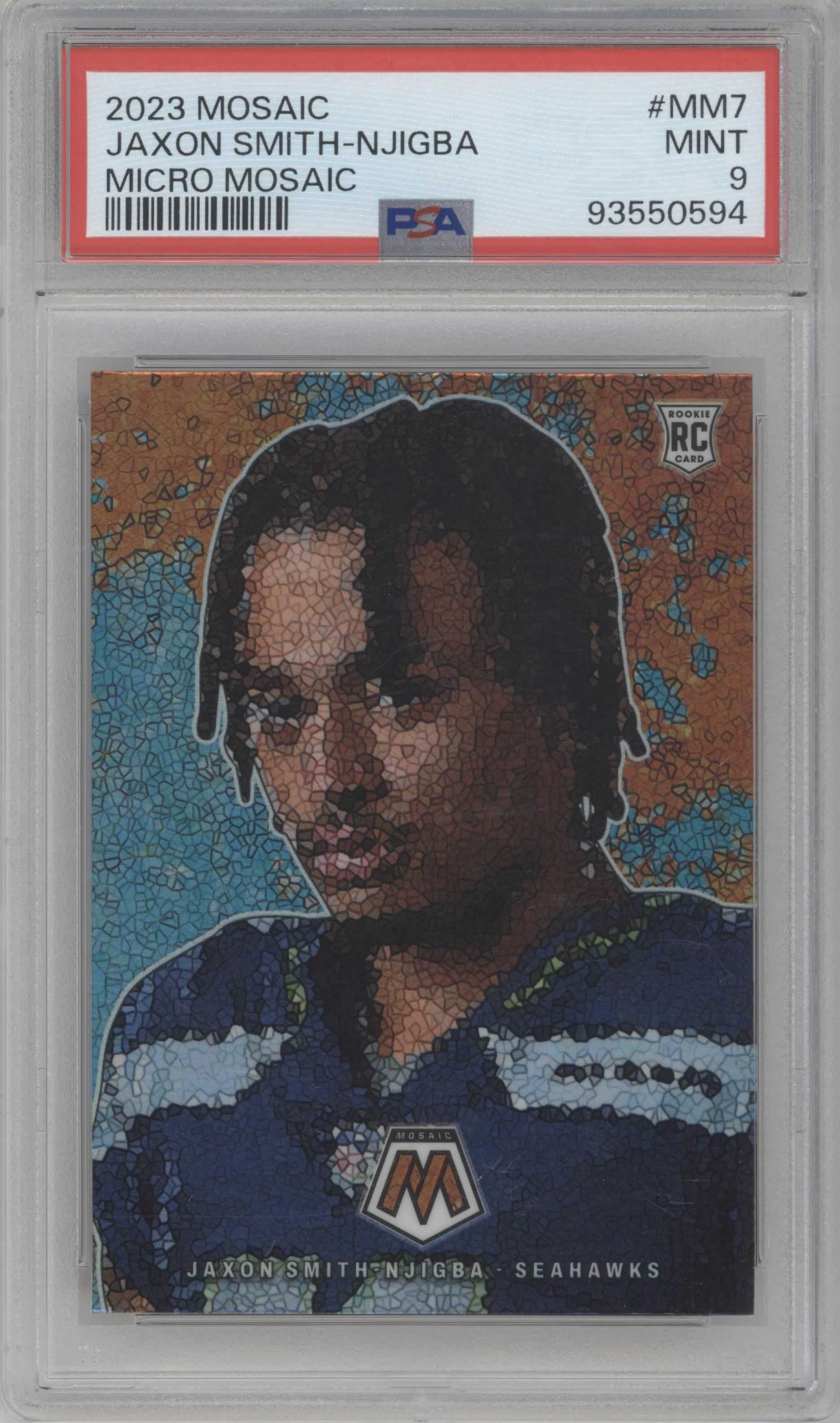 Jaxon Smith-Njigba from the 2023 Panini Mosaic set graded by PSA and given an overall grade of 9.