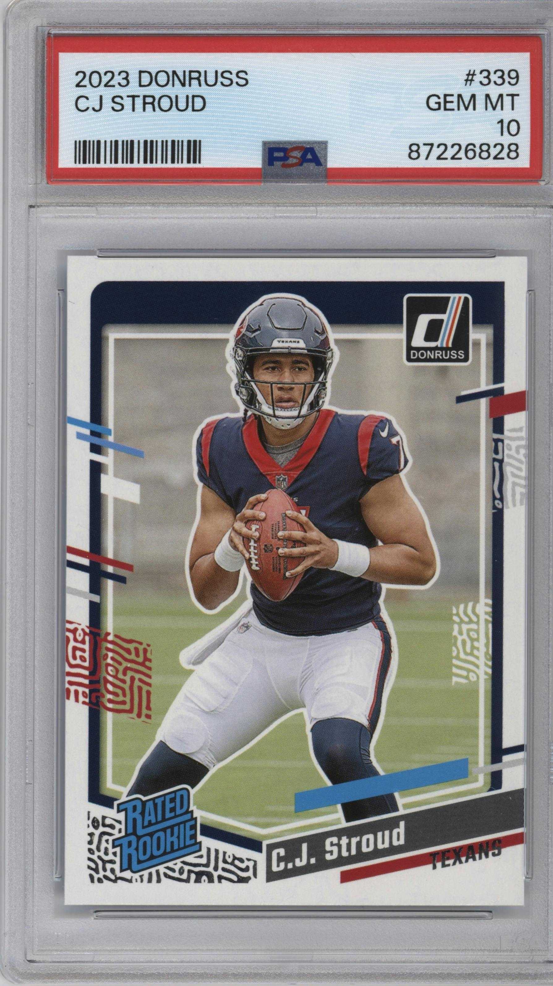 C.J. Stroud from the 2023 Panini Donruss set graded by PSA and given an overall grade of 10.