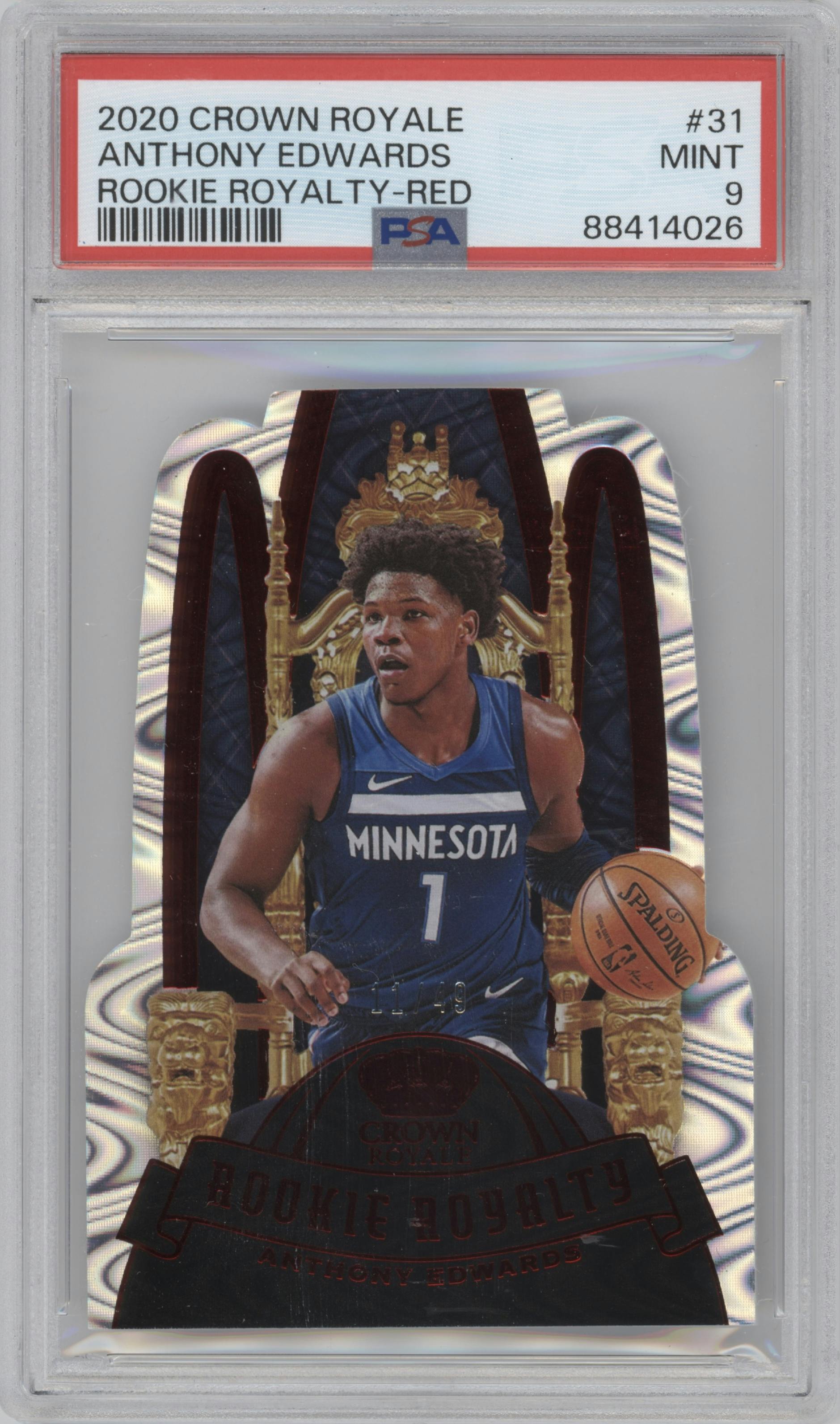 Anthony Edwards from the 2020-21 Panini Crown Royale set featuring a Red parallel graded by PSA and given an overall grade of 9.