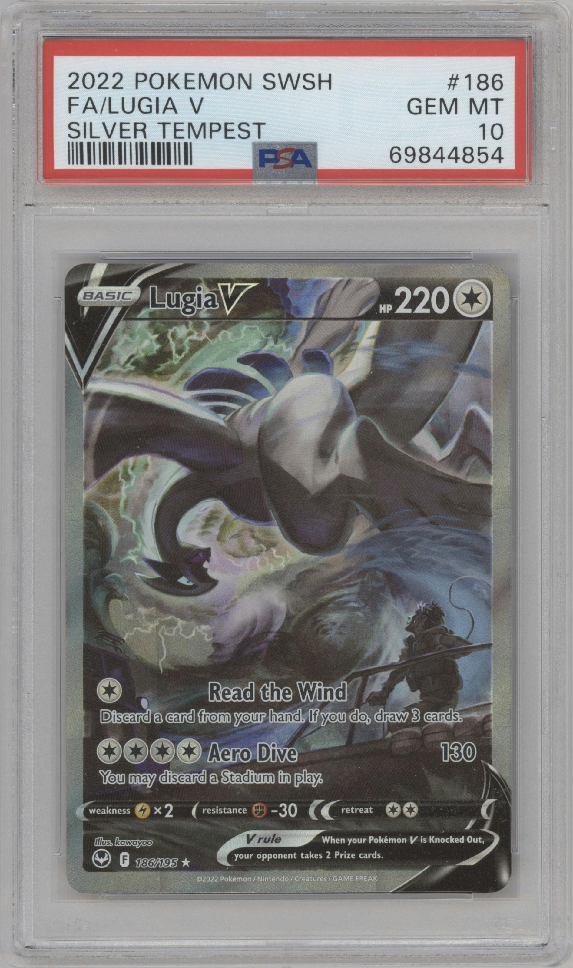 Lugia V from the 2022 Pokemon SWSH set graded by PSA and given an overall grade of 10.