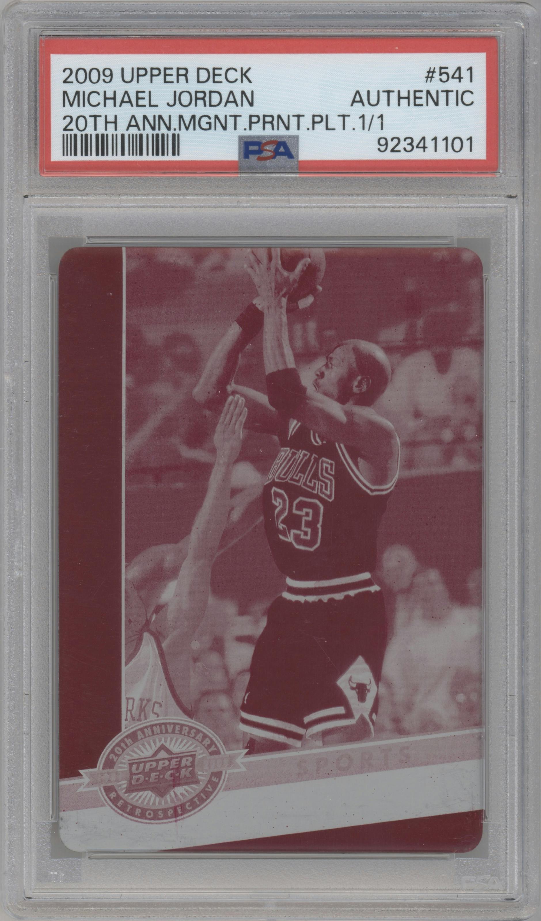Michael Jordan from the 2009 Upper Deck 20th Anniversary set featuring a Printing Plate Magenta parallel graded by PSA.