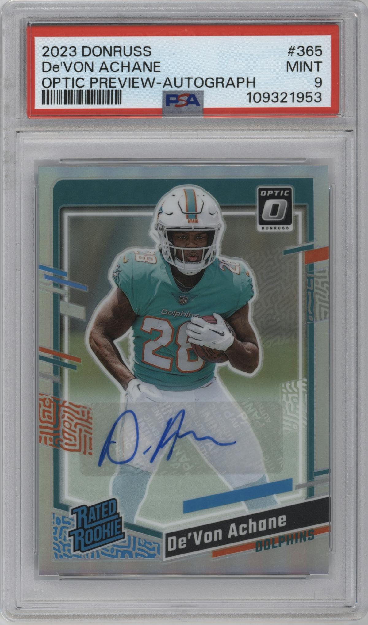 De’Von Achane from the 2023 Panini Donruss set graded by PSA and given an overall grade of 9.