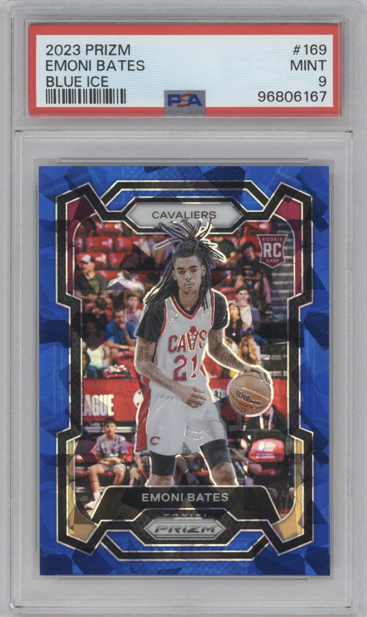 Emoni Bates from the 2023-24 Panini Prizm set featuring a Blue Ice parallel graded by PSA and given an overall grade of 9.