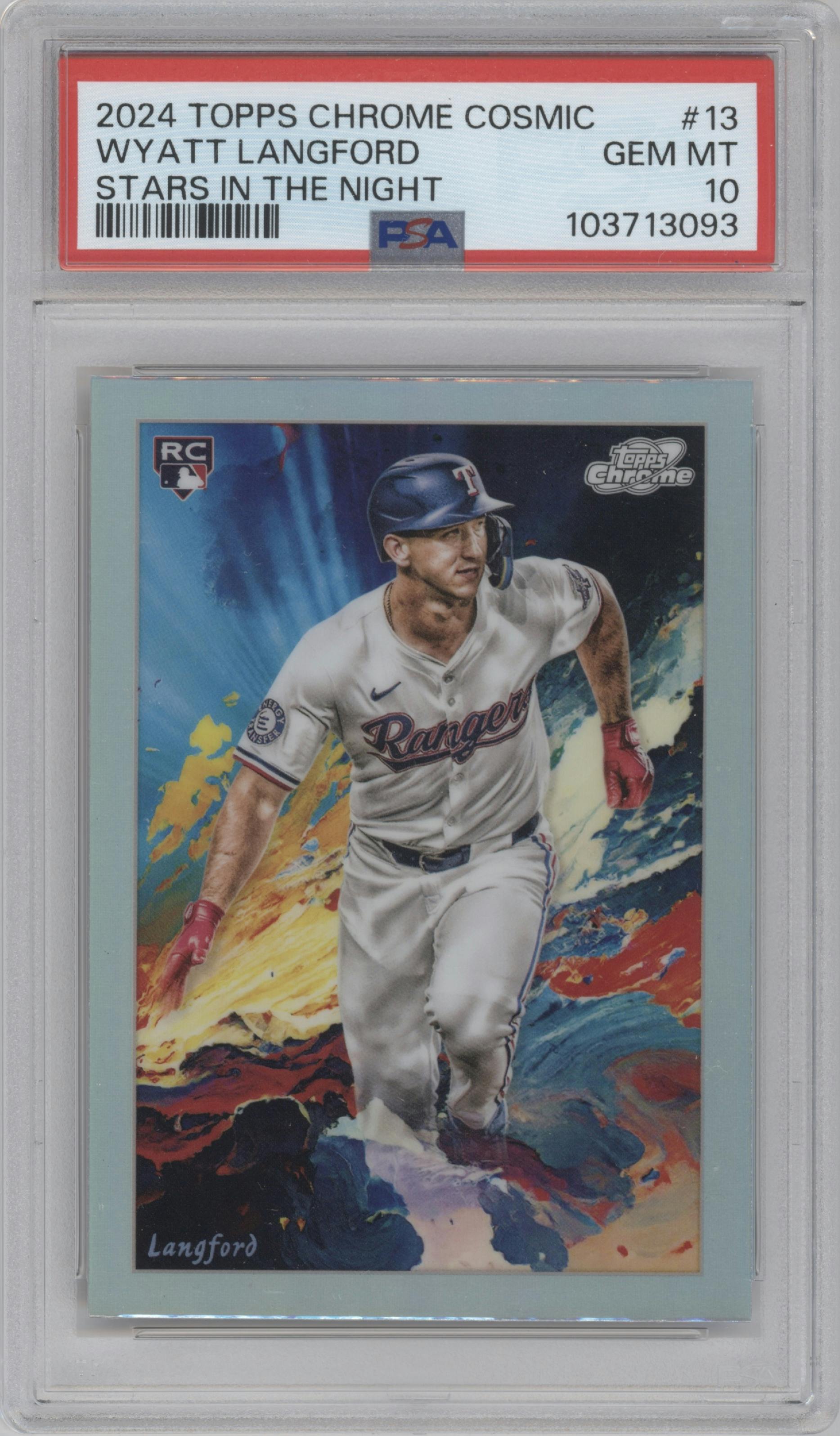 Wyatt Langford from the 2024 Topps Cosmic Chrome set graded by PSA and given an overall grade of 10.