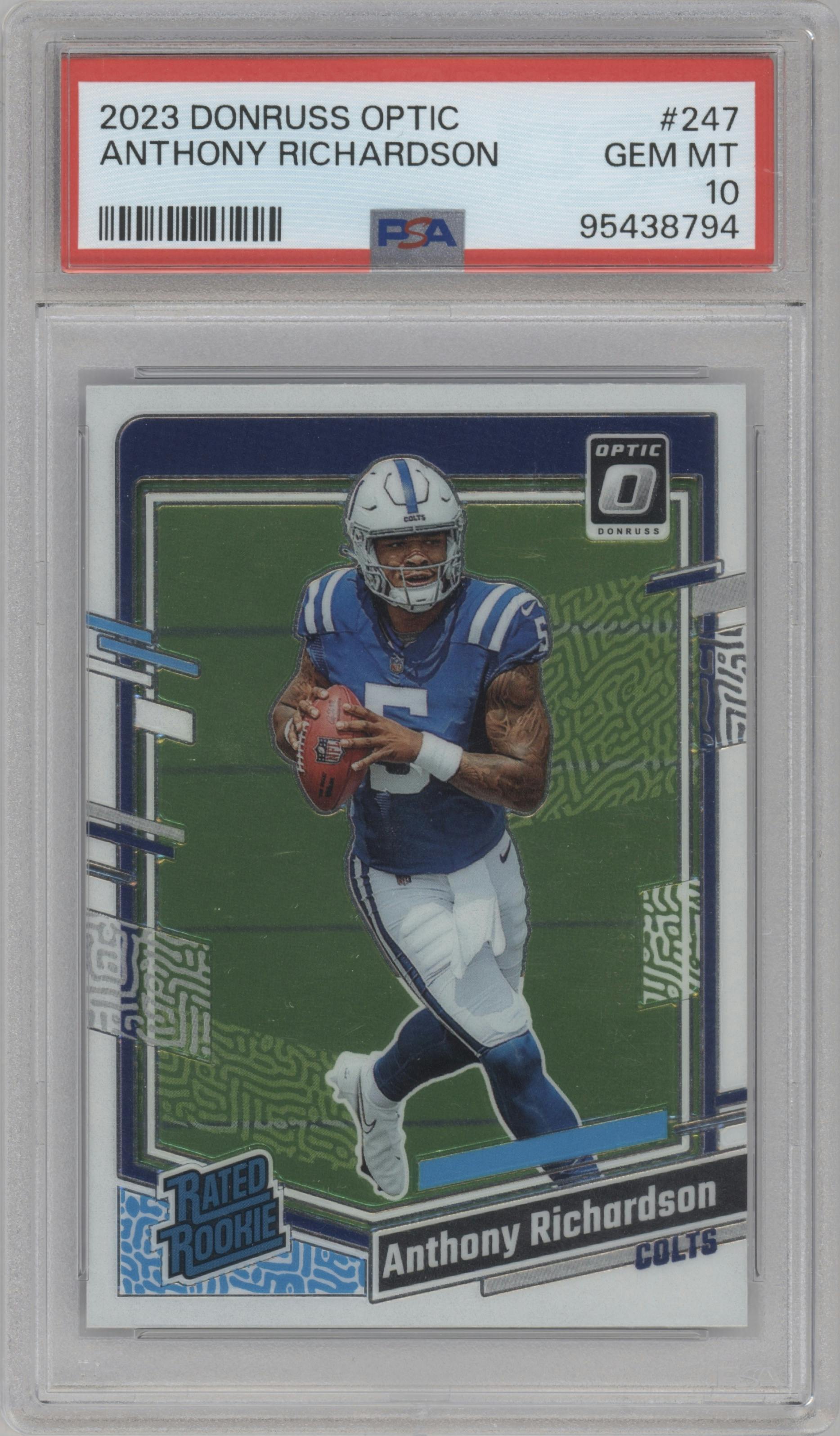 Anthony Richardson from the 2023 Donruss Optic set graded by PSA and given an overall grade of 10.