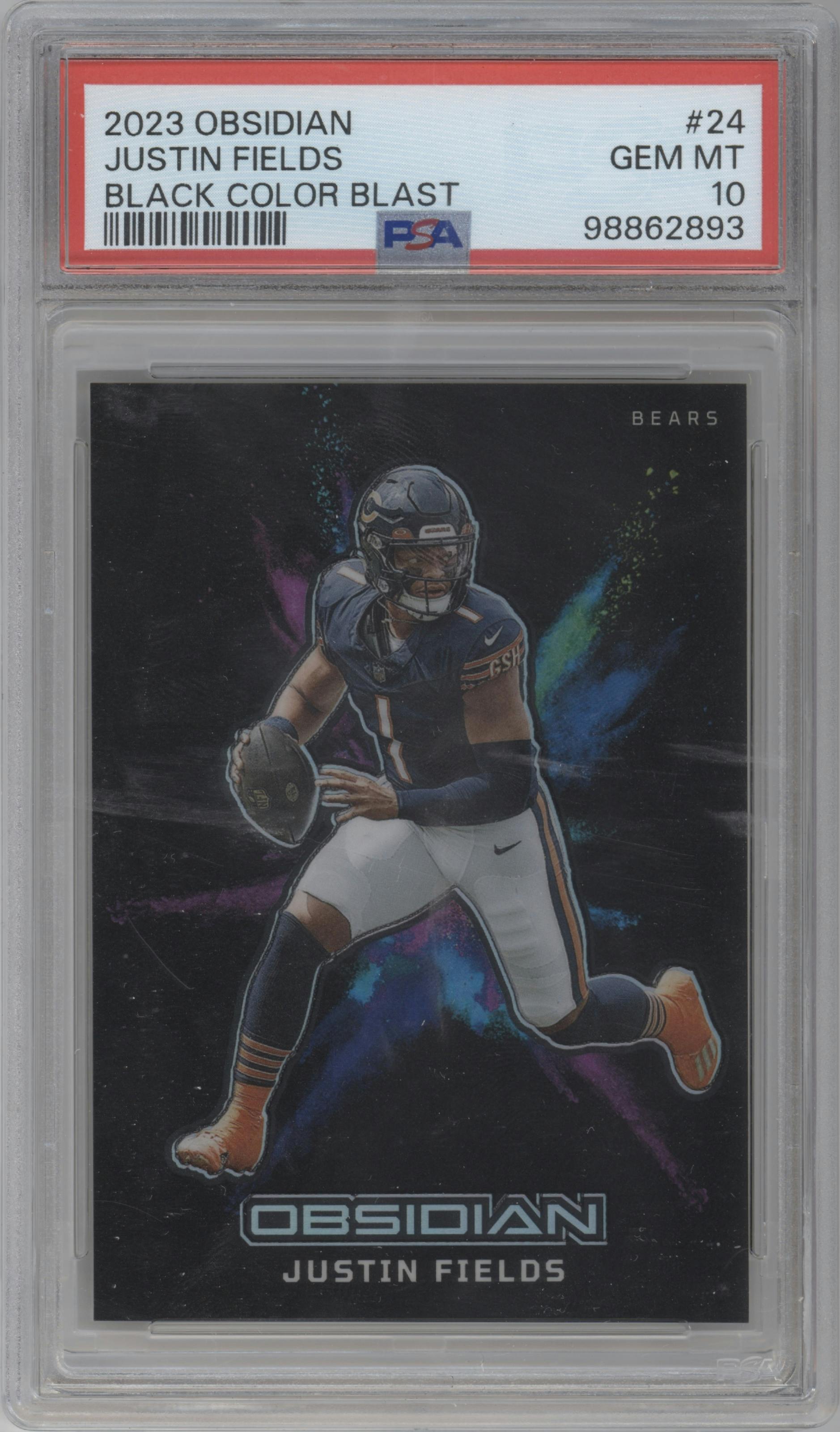 Justin Fields from the 2023 Panini Obsidian set graded by PSA and given an overall grade of 10.