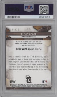 Ethan Salas from the 2023 Bowman's Best set featuring a Gold Lava Refractor parallel graded by PSA and given an overall grade of 10.