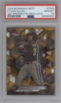 Ethan Salas from the 2023 Bowman's Best set featuring a Gold Lava Refractor parallel graded by PSA and given an overall grade of 10.