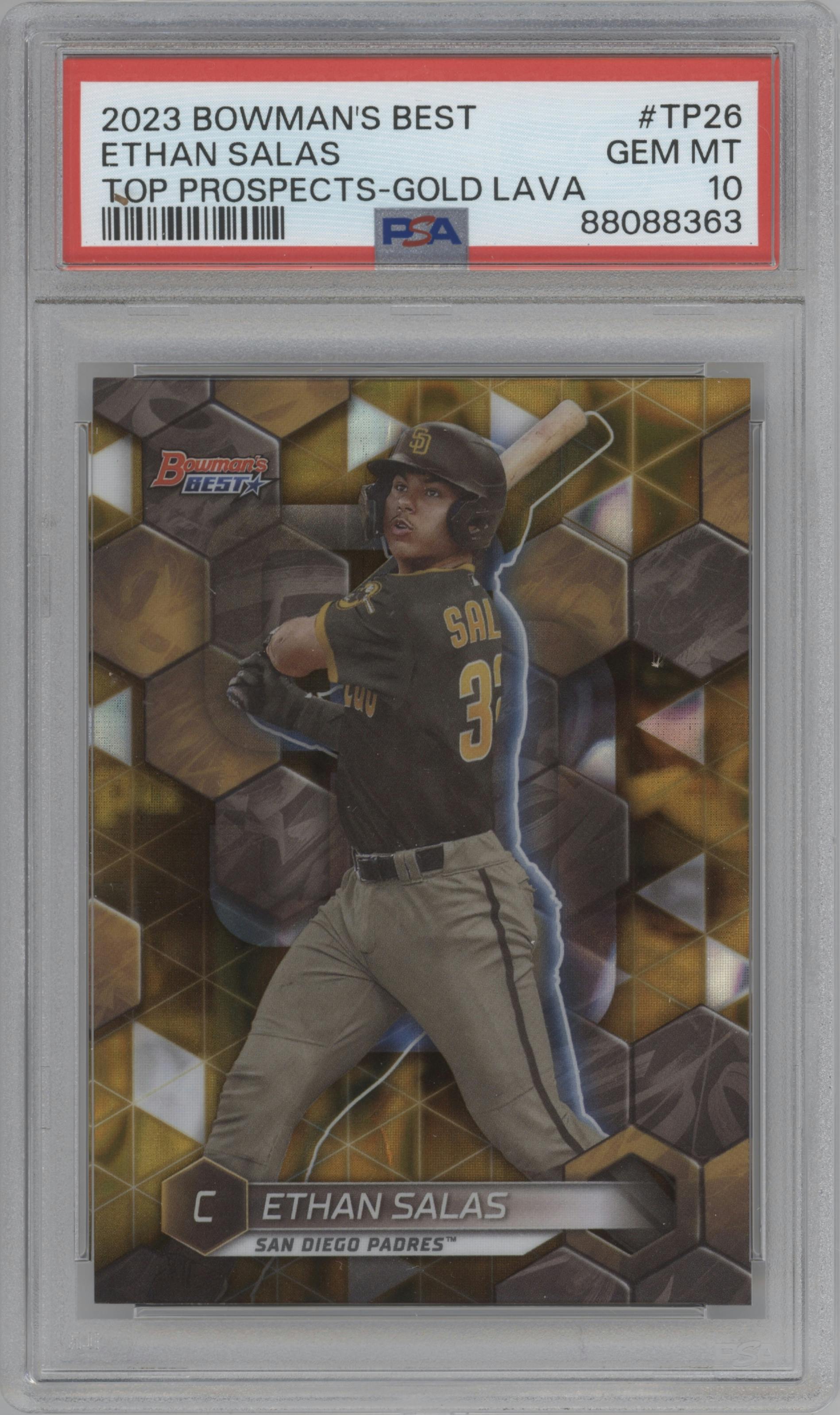 Ethan Salas from the 2023 Bowman's Best set featuring a Gold Lava Refractor parallel graded by PSA and given an overall grade of 10.