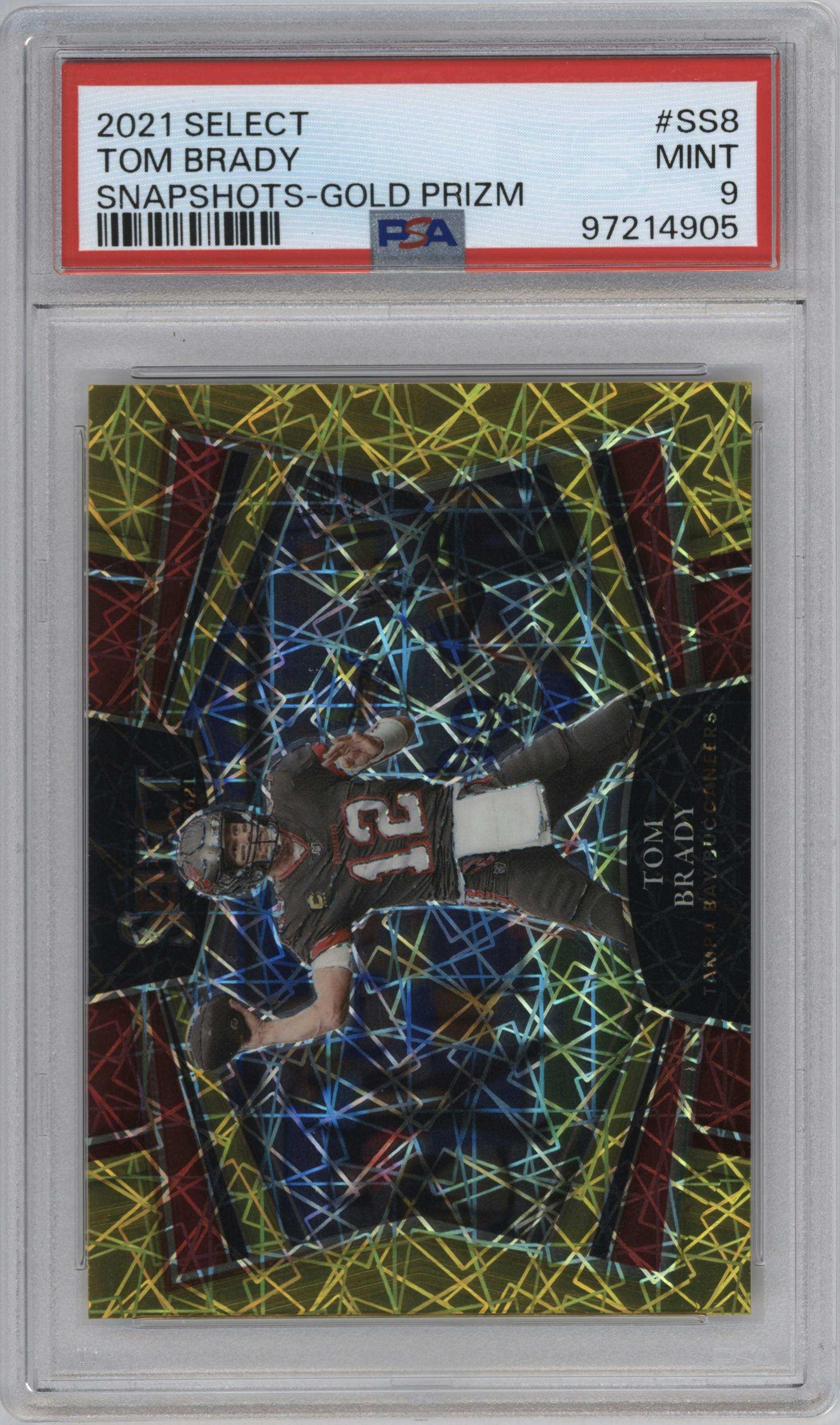 Tom Brady from the 2021 Panini Select set featuring a Gold Prizm parallel graded by PSA and given an overall grade of 9.