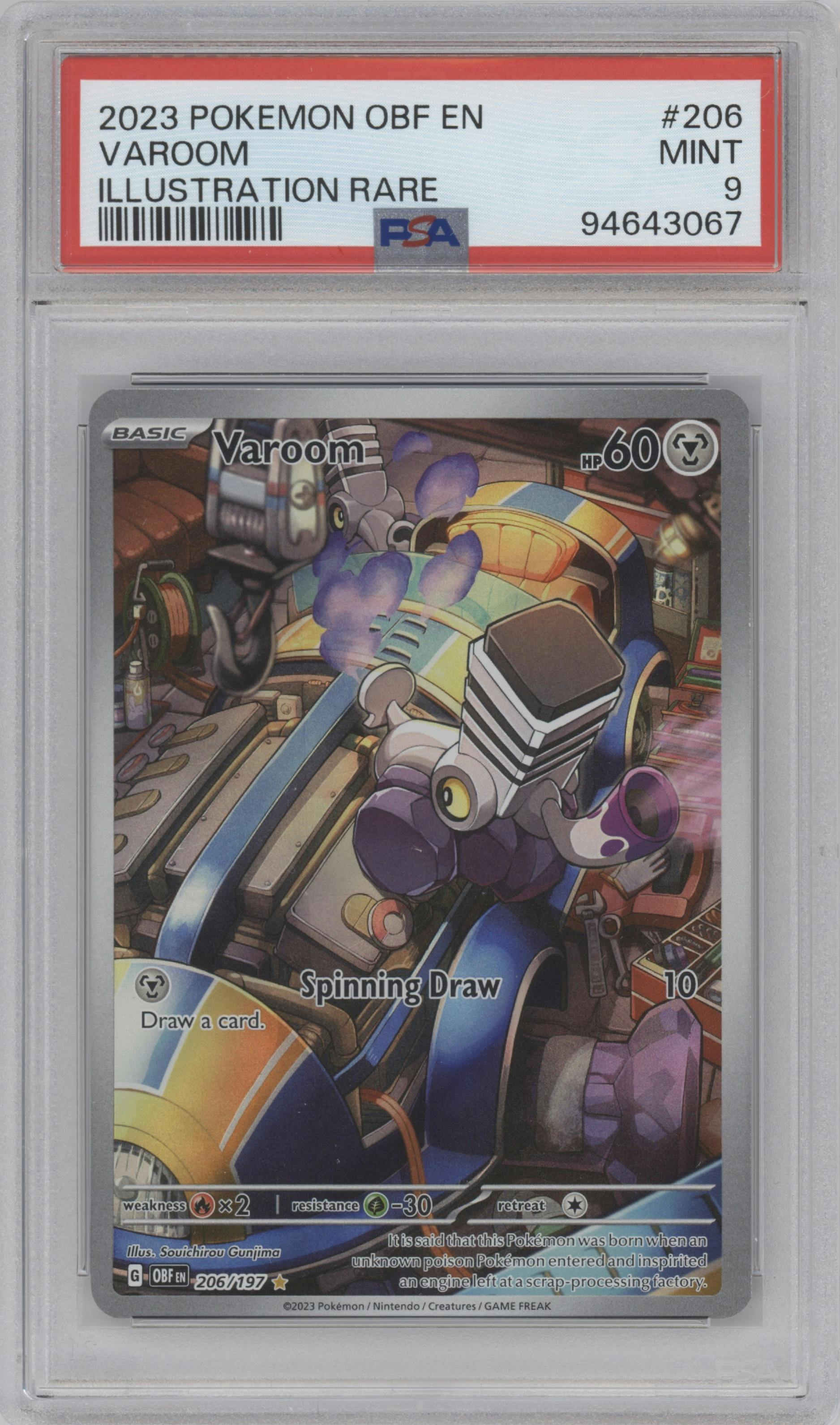 Varoom from the 2023 Pokemon SV set graded by PSA and given an overall grade of 9.