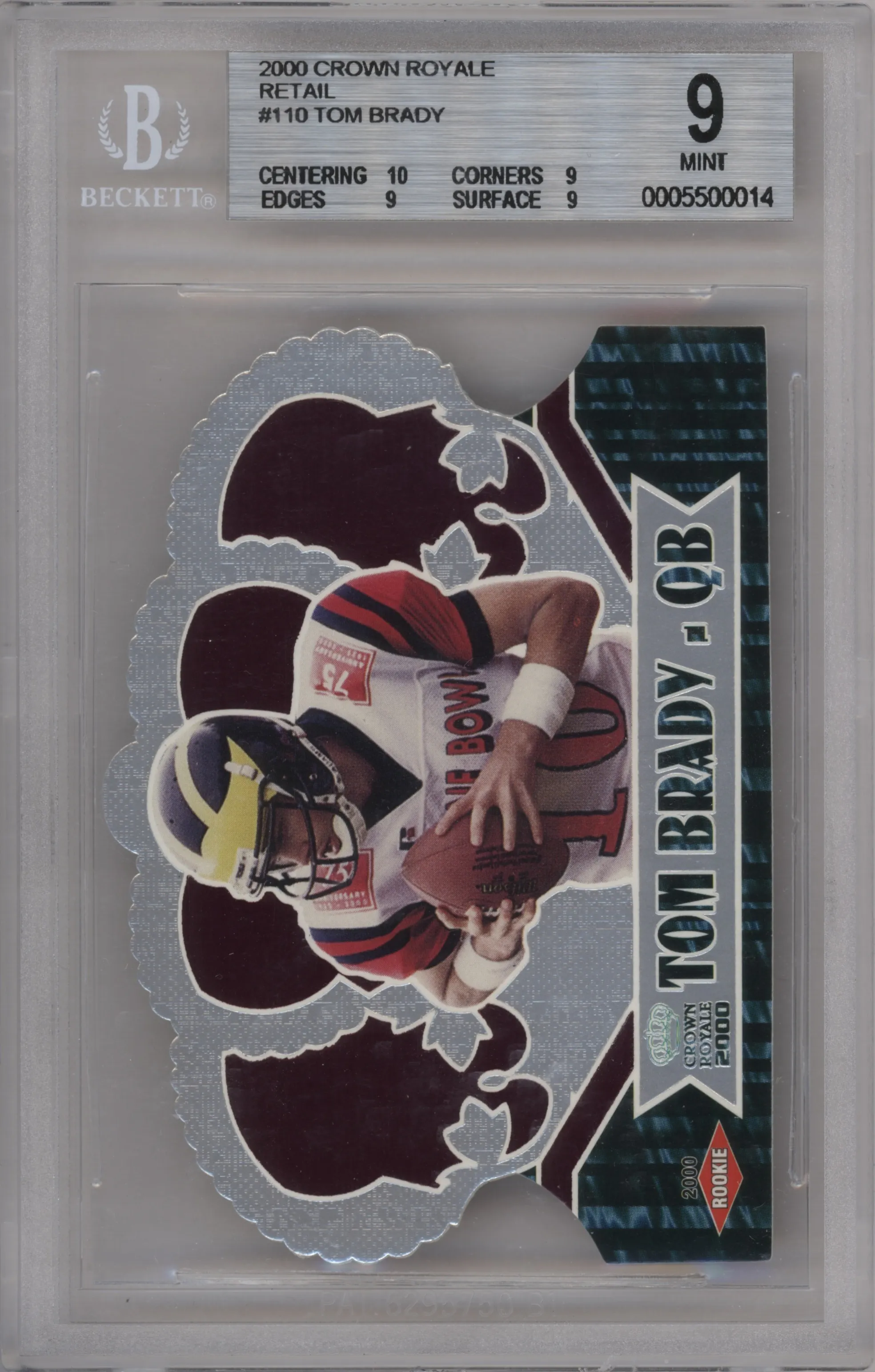 Tom Brady from the 2000 Pacific Crown Royale set featuring a Retail parallel graded by Beckett and given an overall grade of 9.